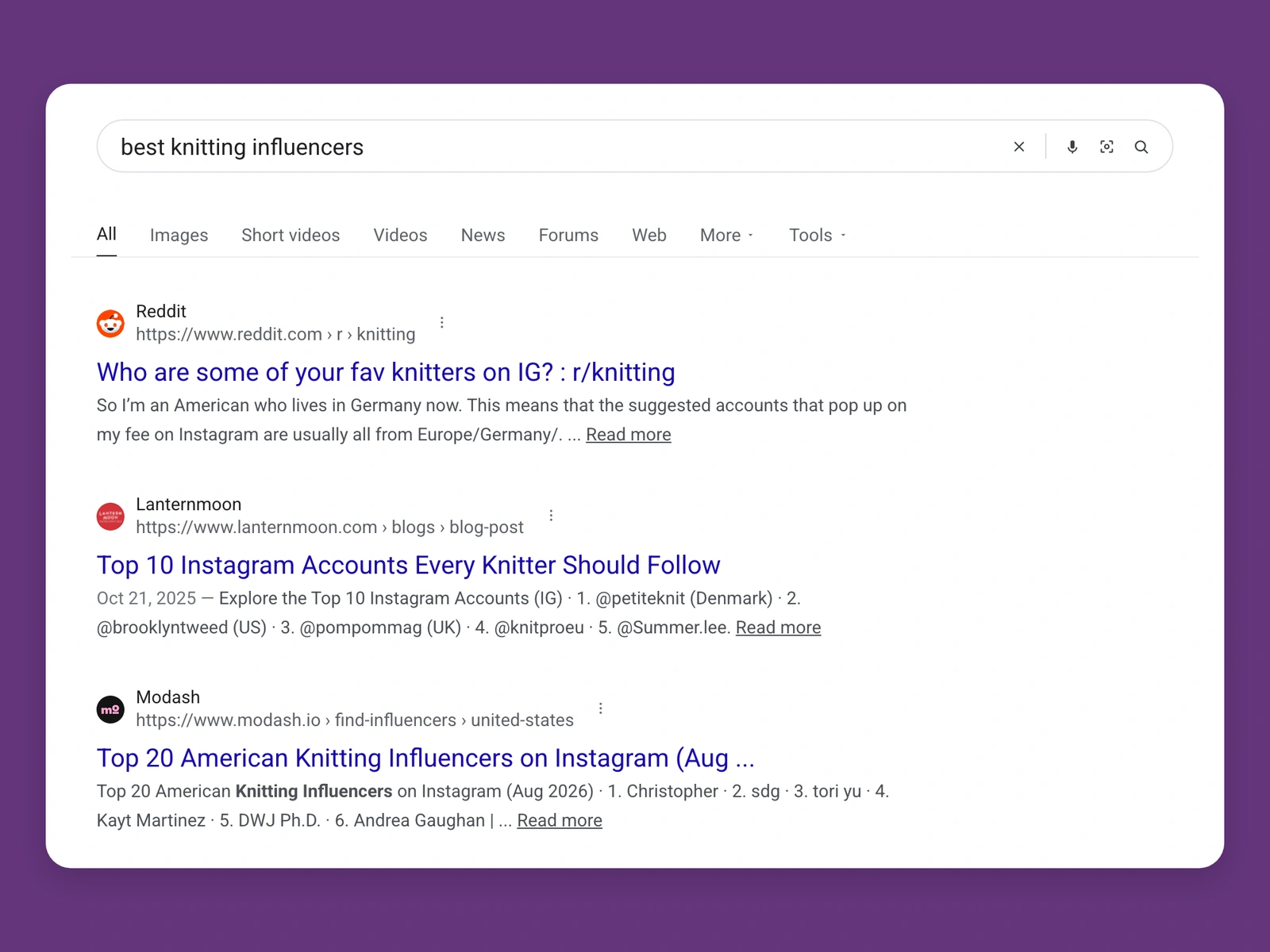 Google results for best knitting bloggers