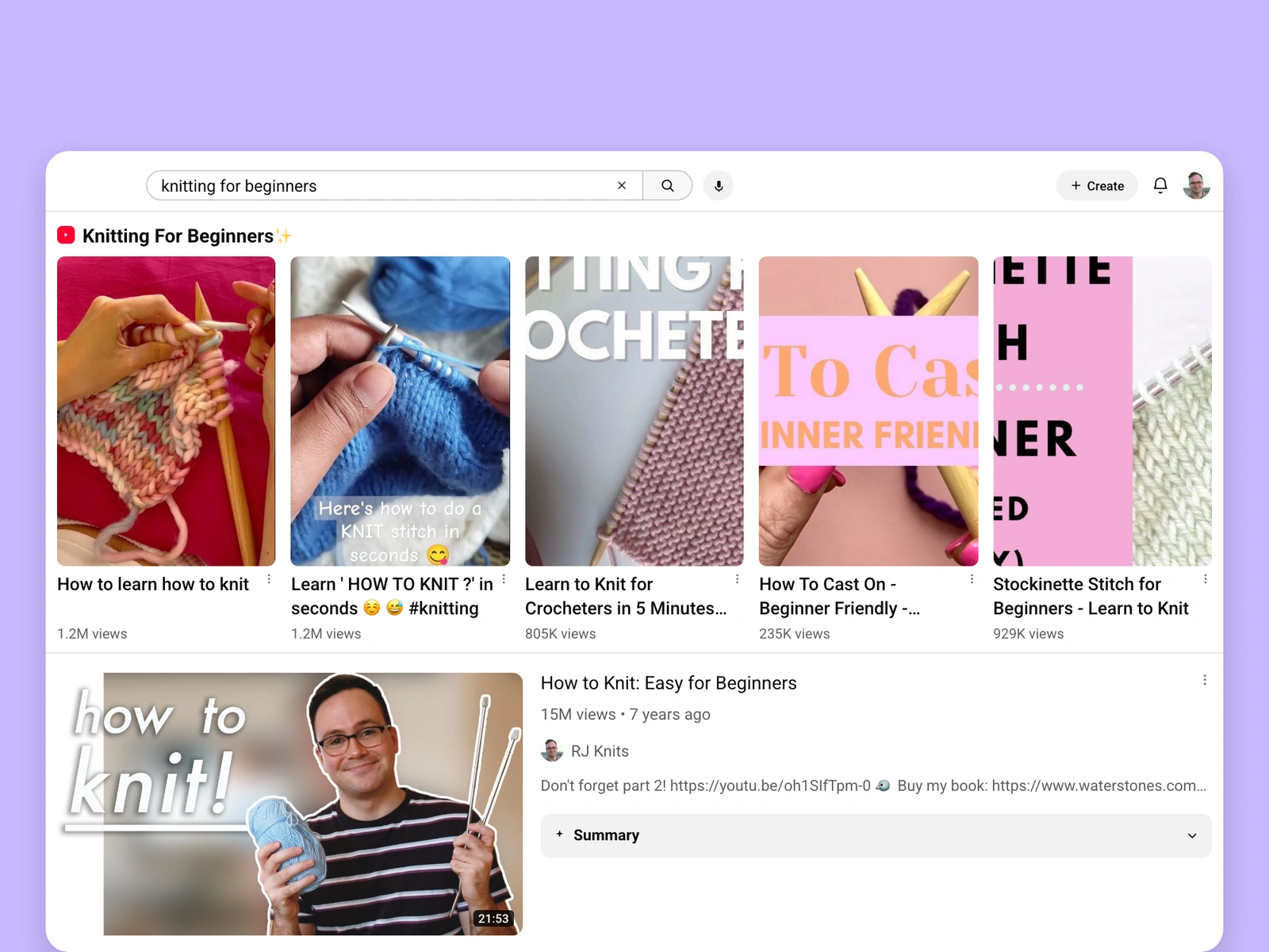 YouTube search results for knitting videos