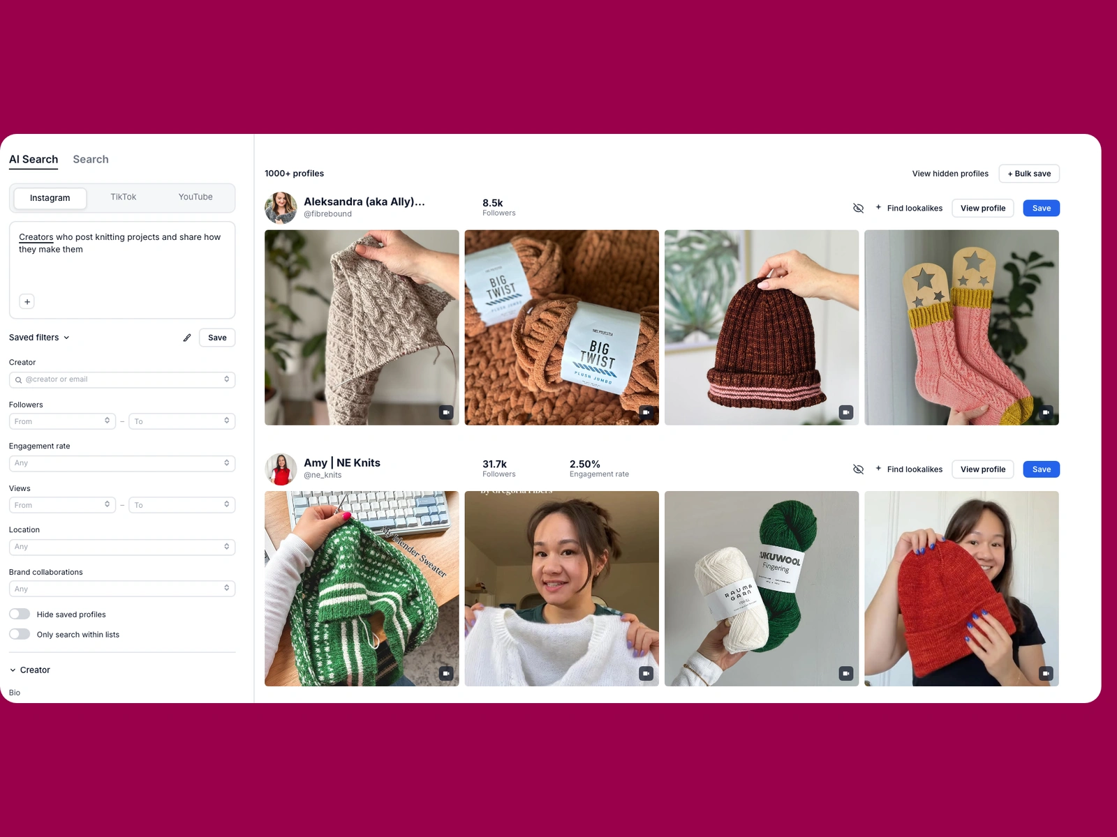 Modash AI search for knitting creators