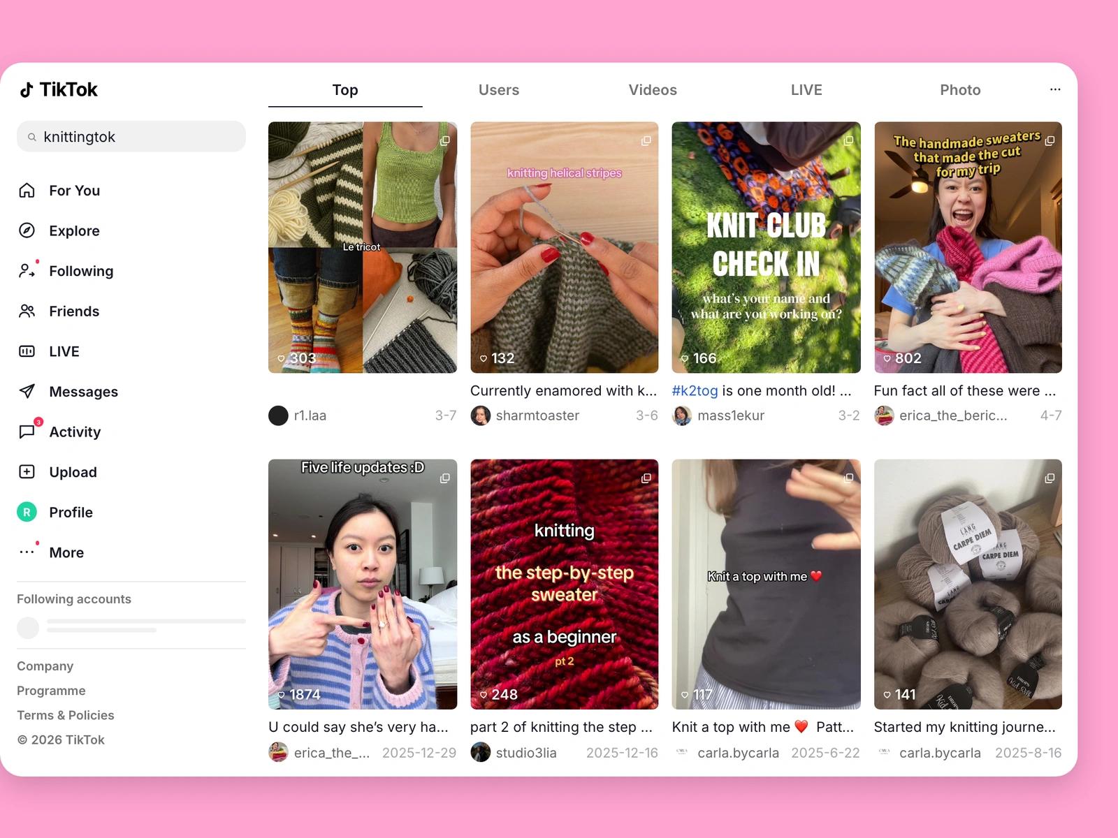 TikTok search results for knitting content