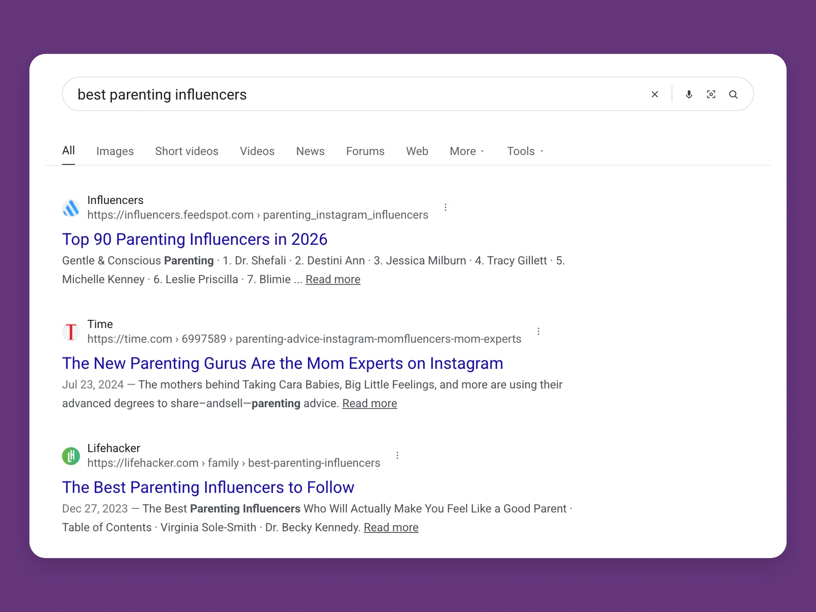 Google results for best parenting bloggers