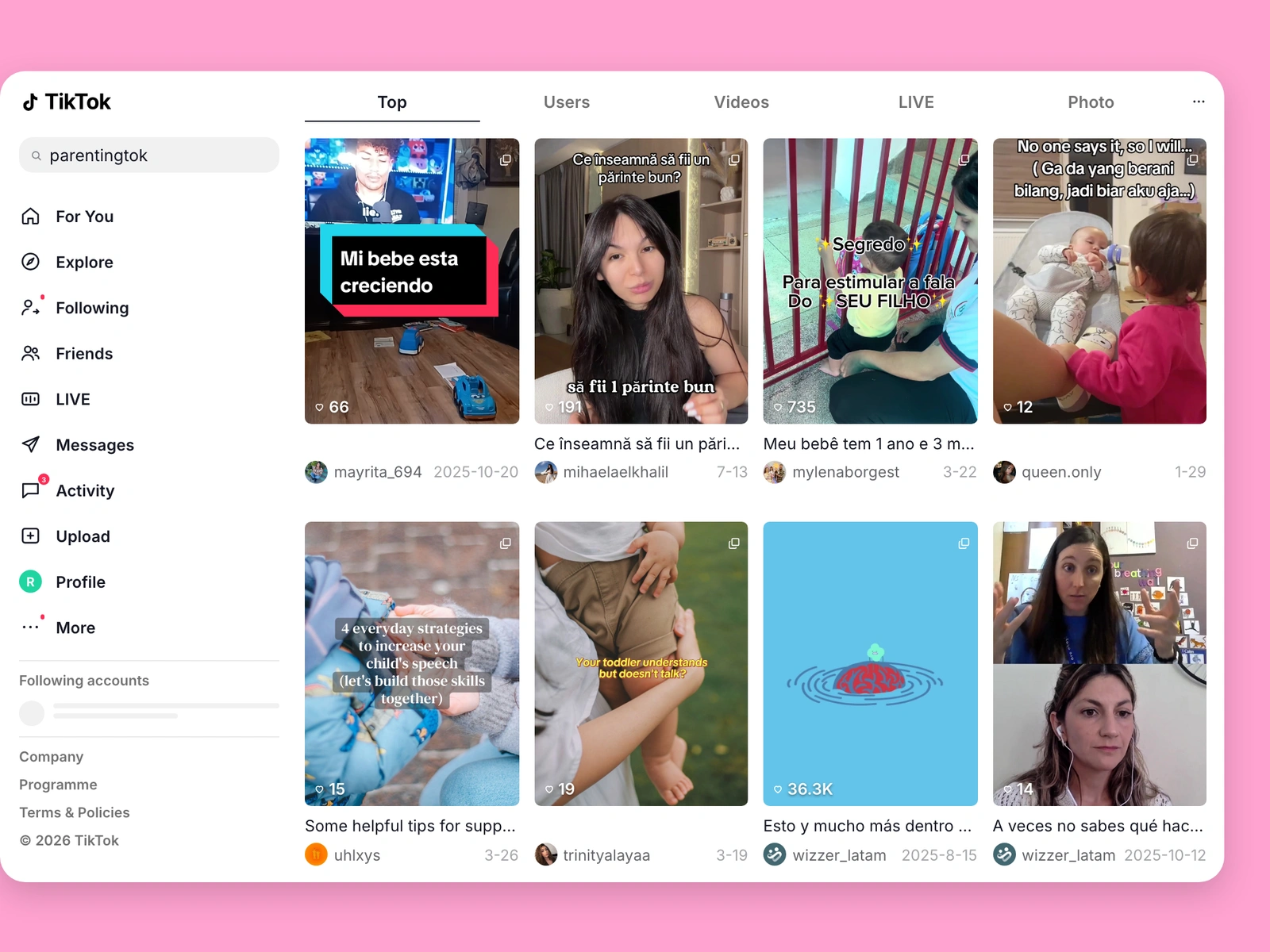 TikTok search results for parenting content