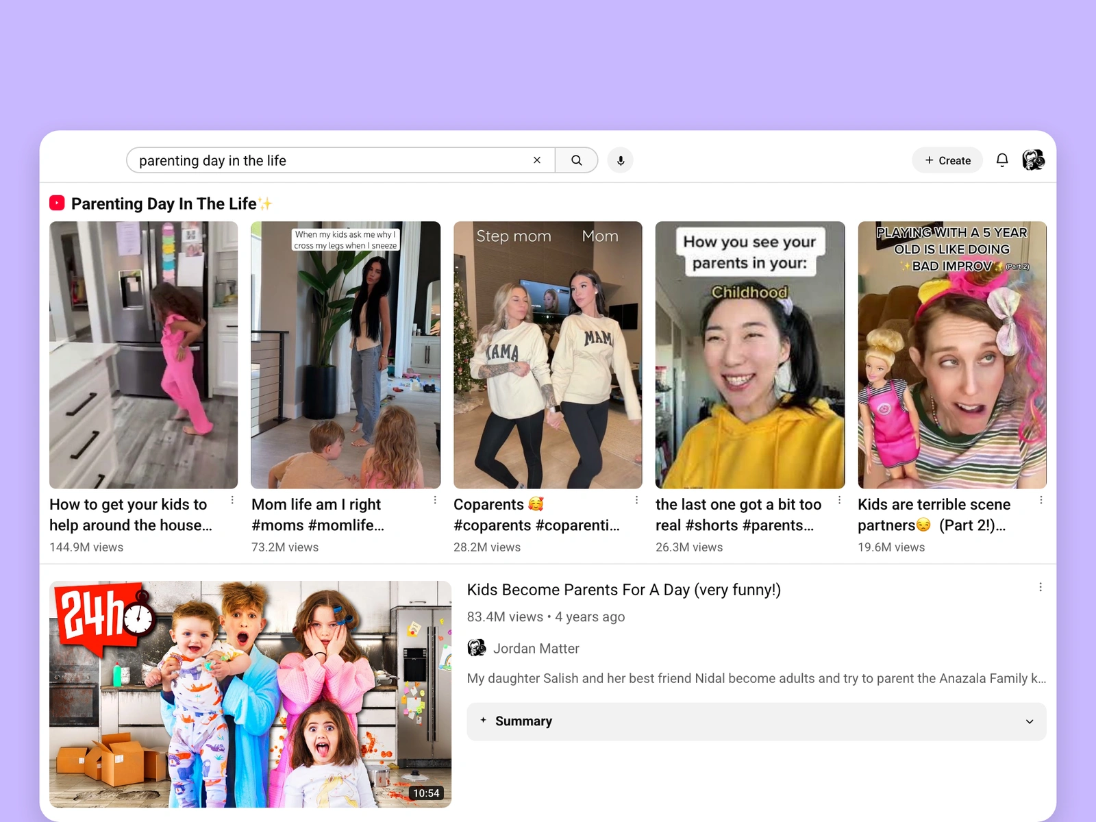 YouTube search results for parenting videos