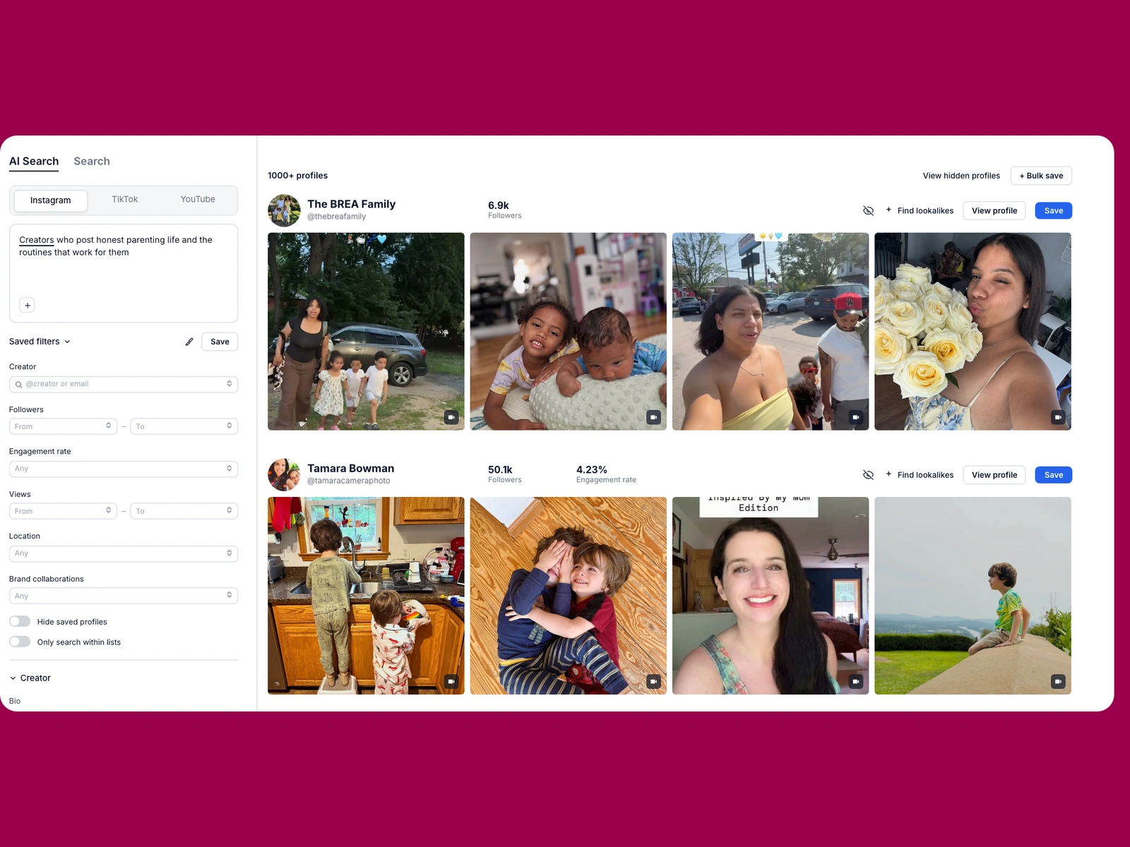 Modash AI search for parenting creators