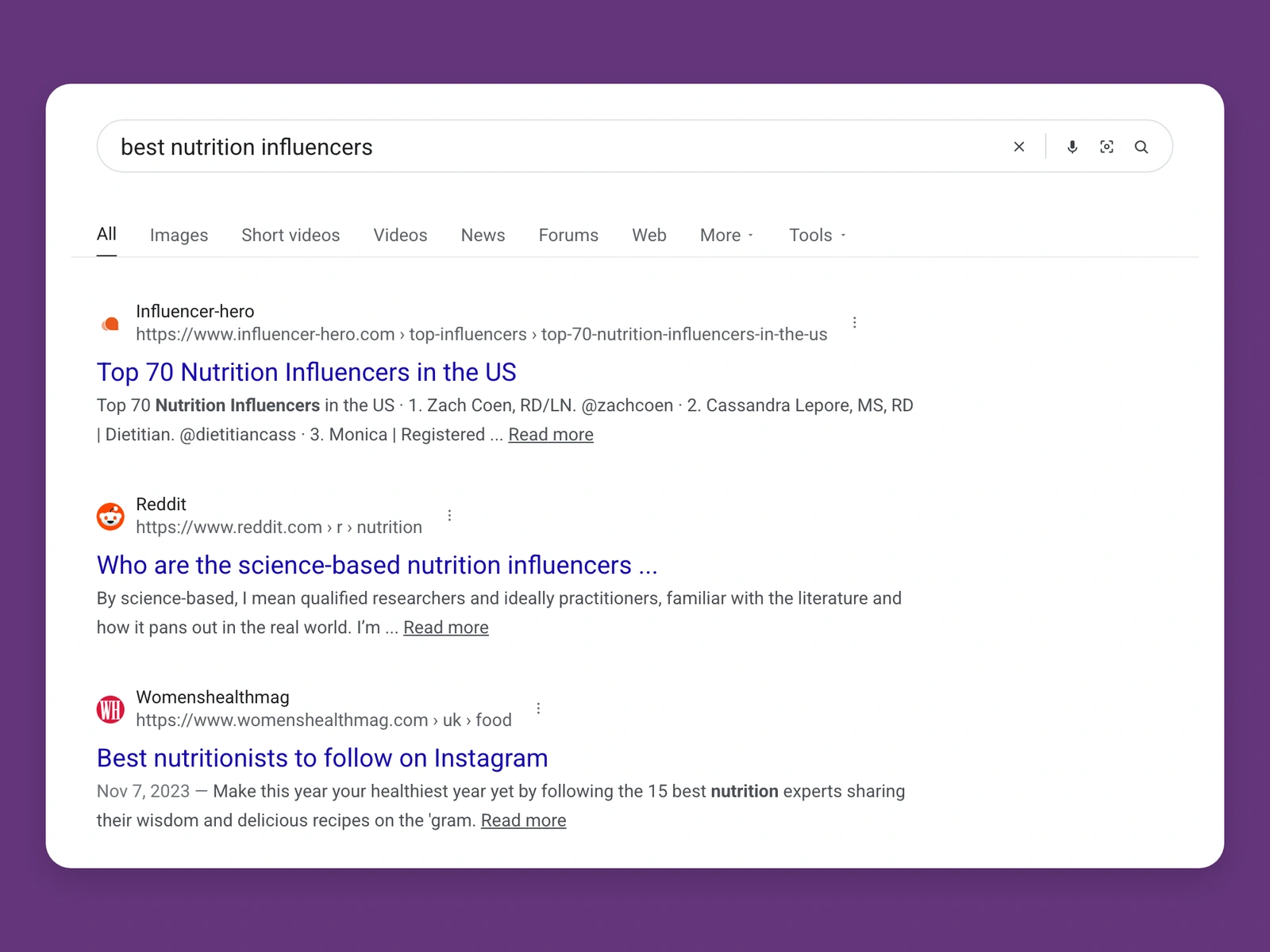 Google results for best nutrition bloggers