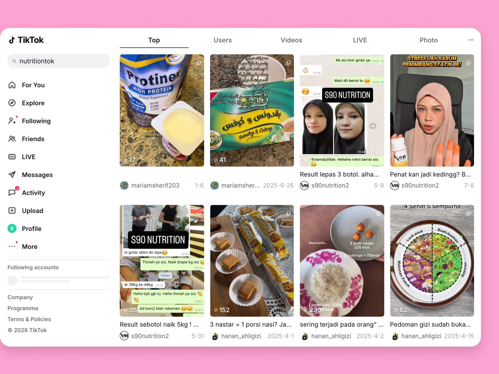 TikTok search results for nutrition content