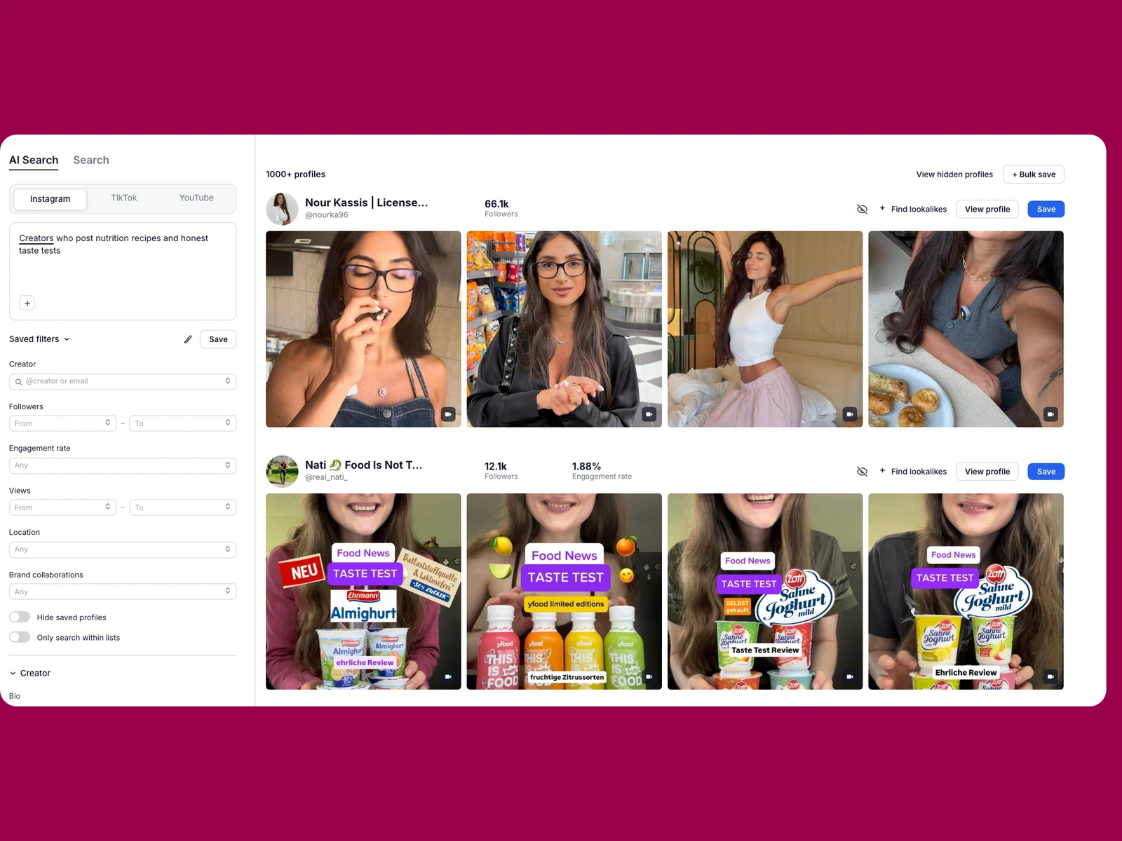 Modash AI search for nutrition creators