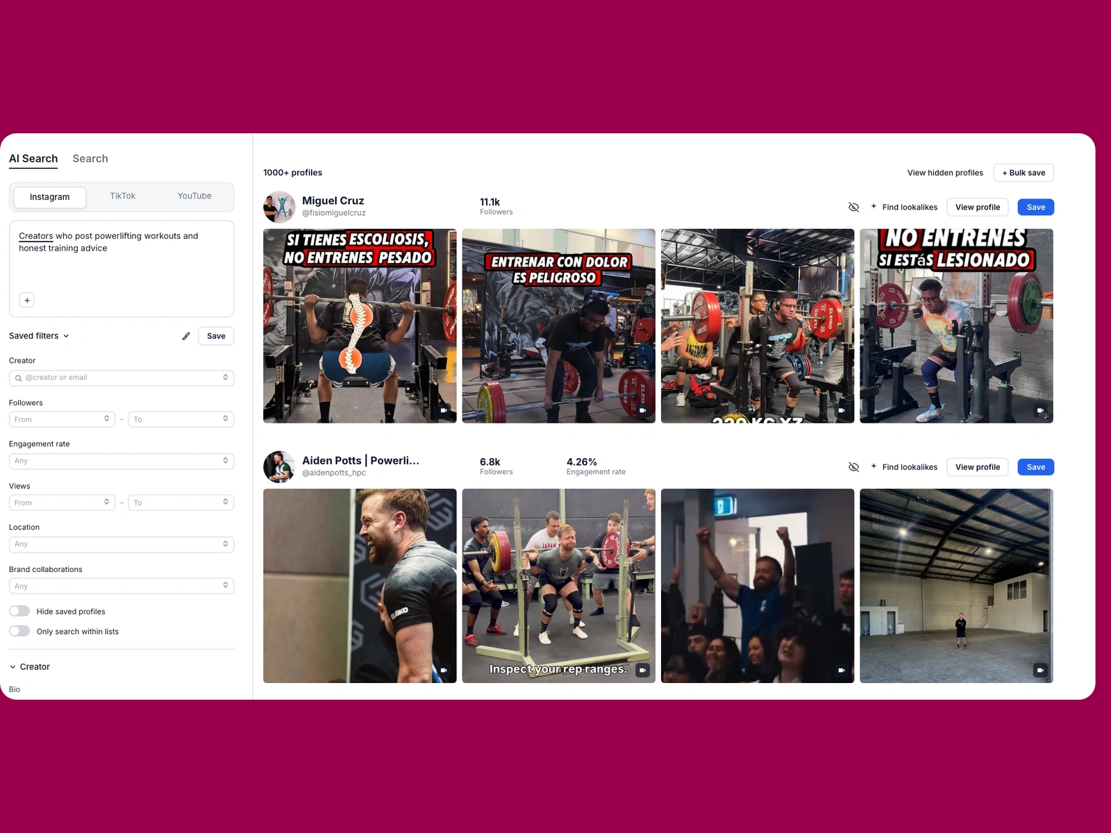 Modash AI search for powerlifting creators