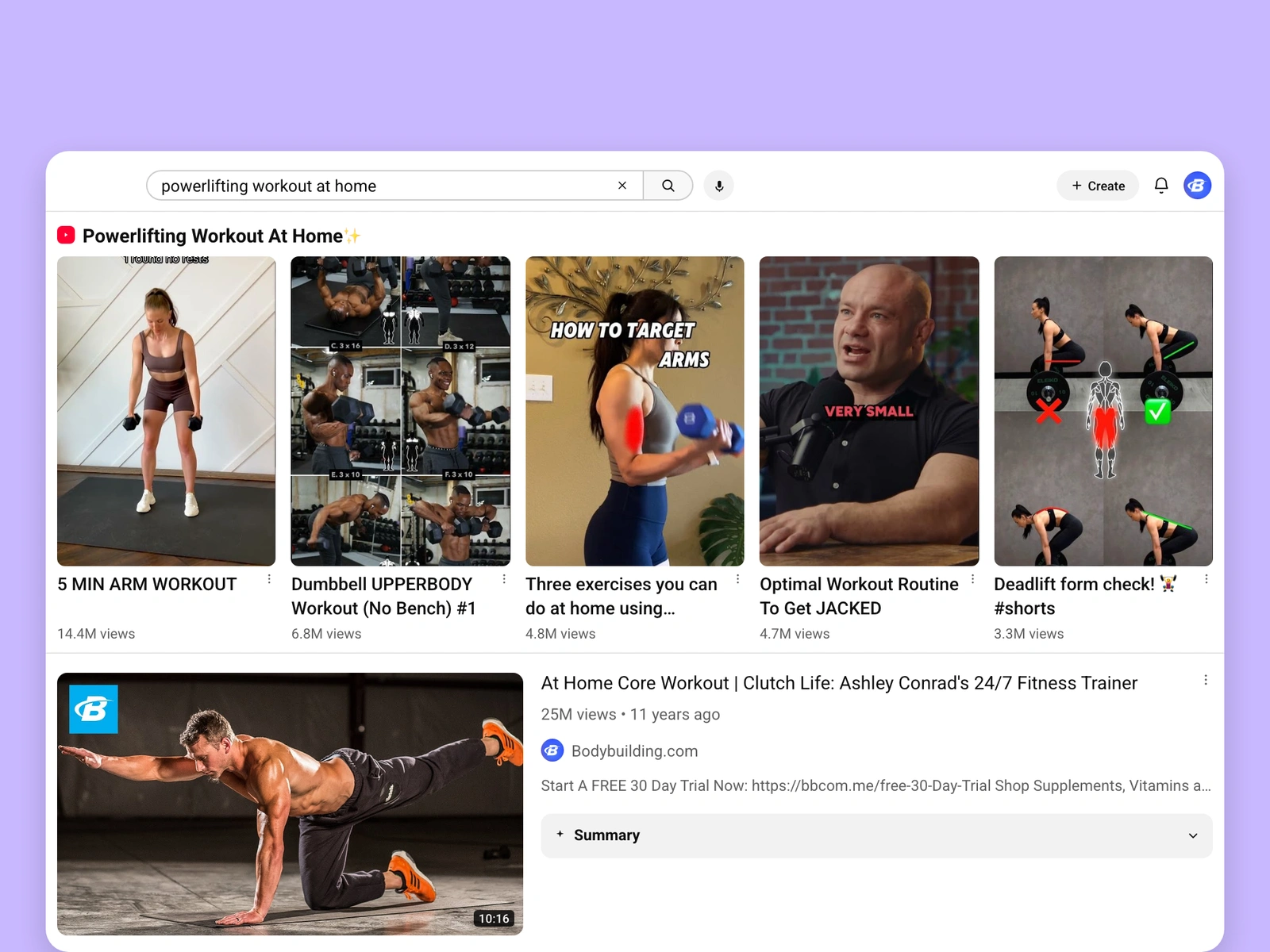 YouTube search results for powerlifting videos