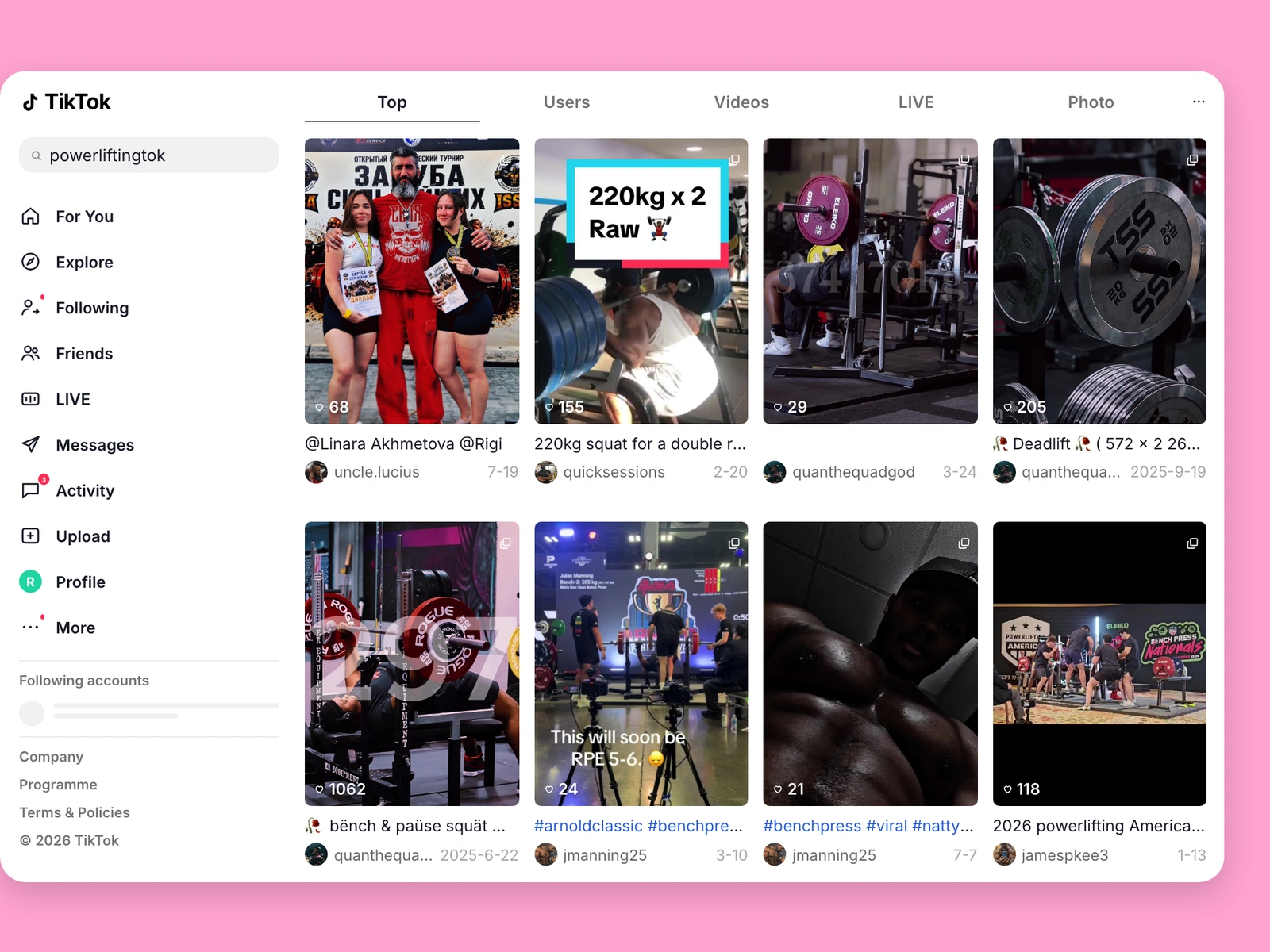 TikTok search results for powerlifting content