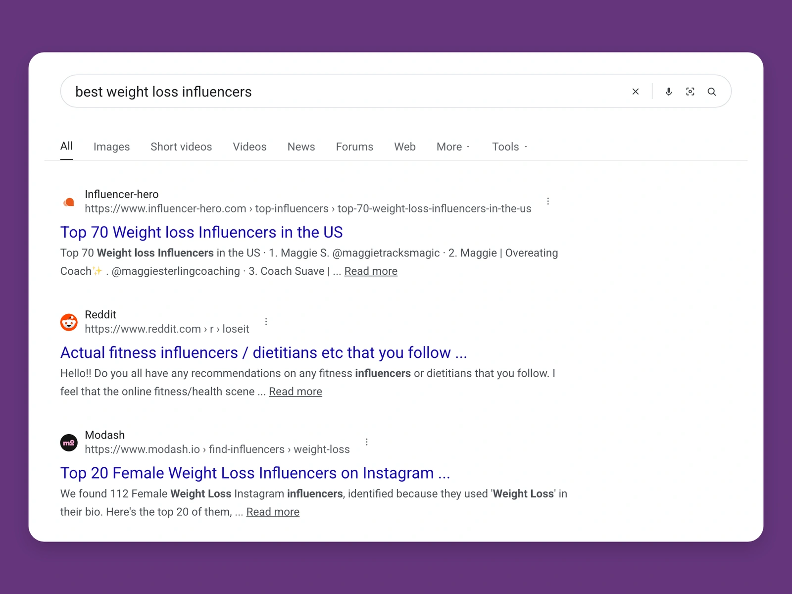 Google results for best weight loss bloggers