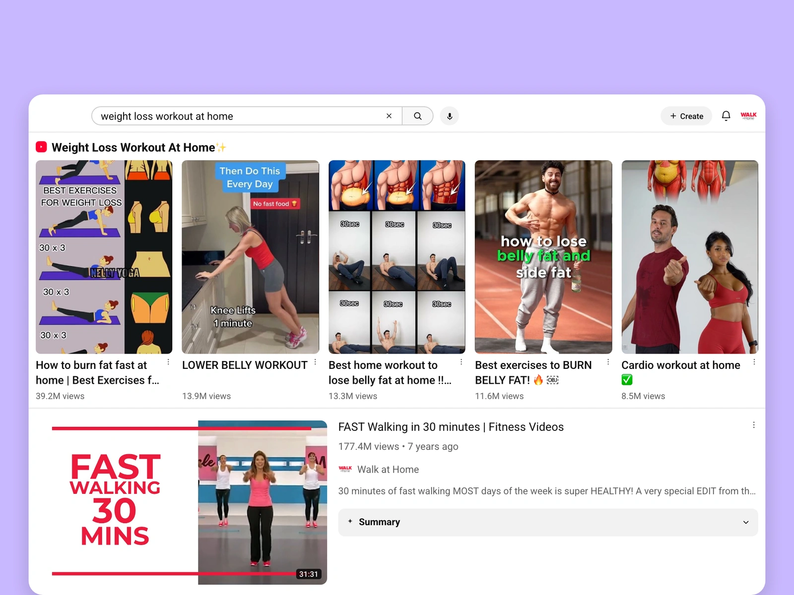 YouTube search results for weight loss videos