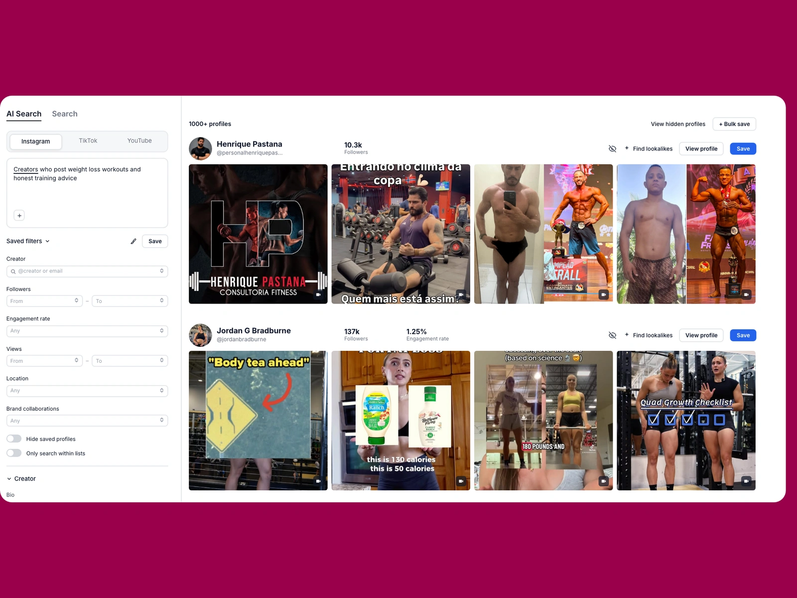 Modash AI search for weight loss creators