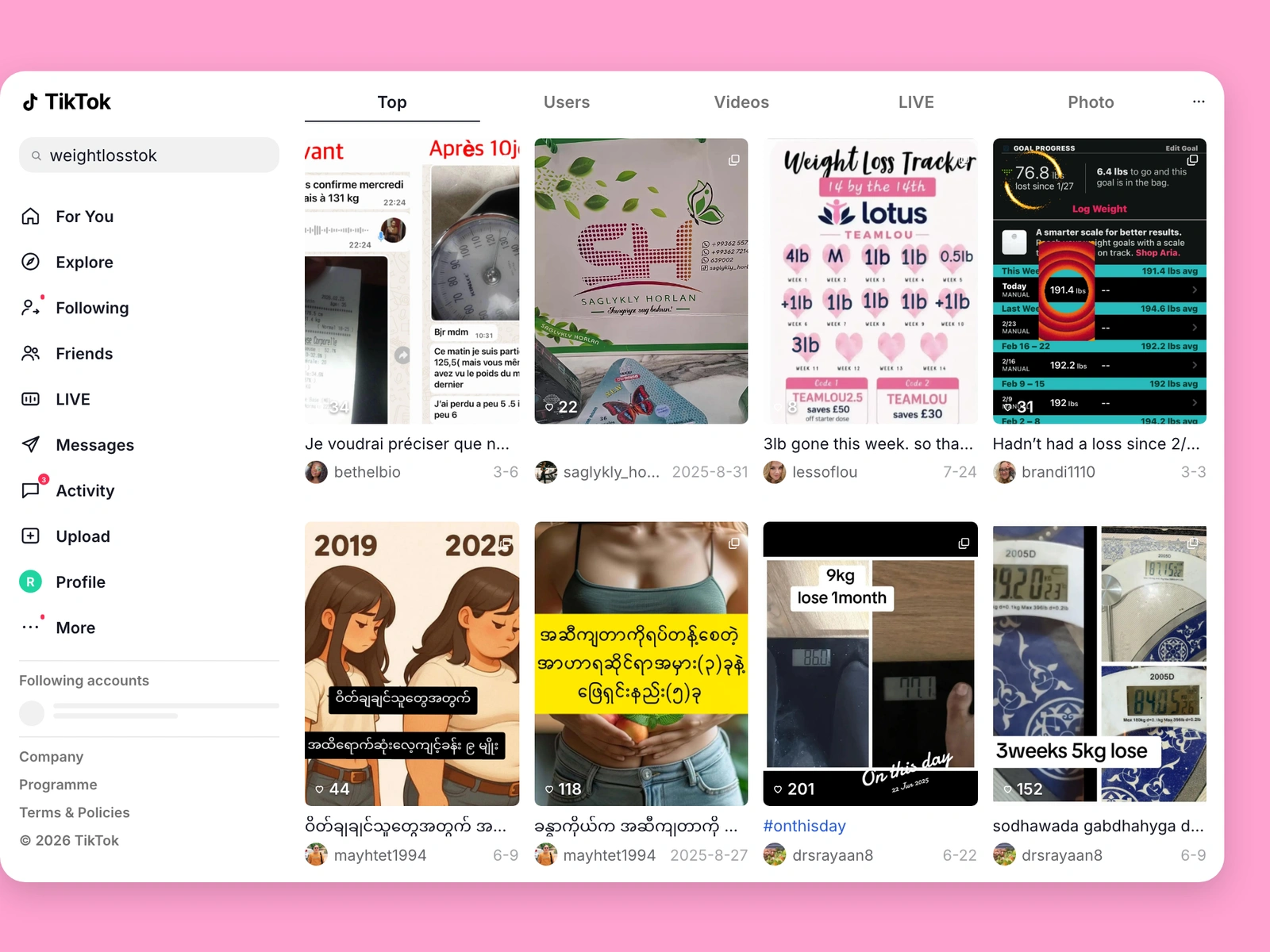 TikTok search results for weight loss content