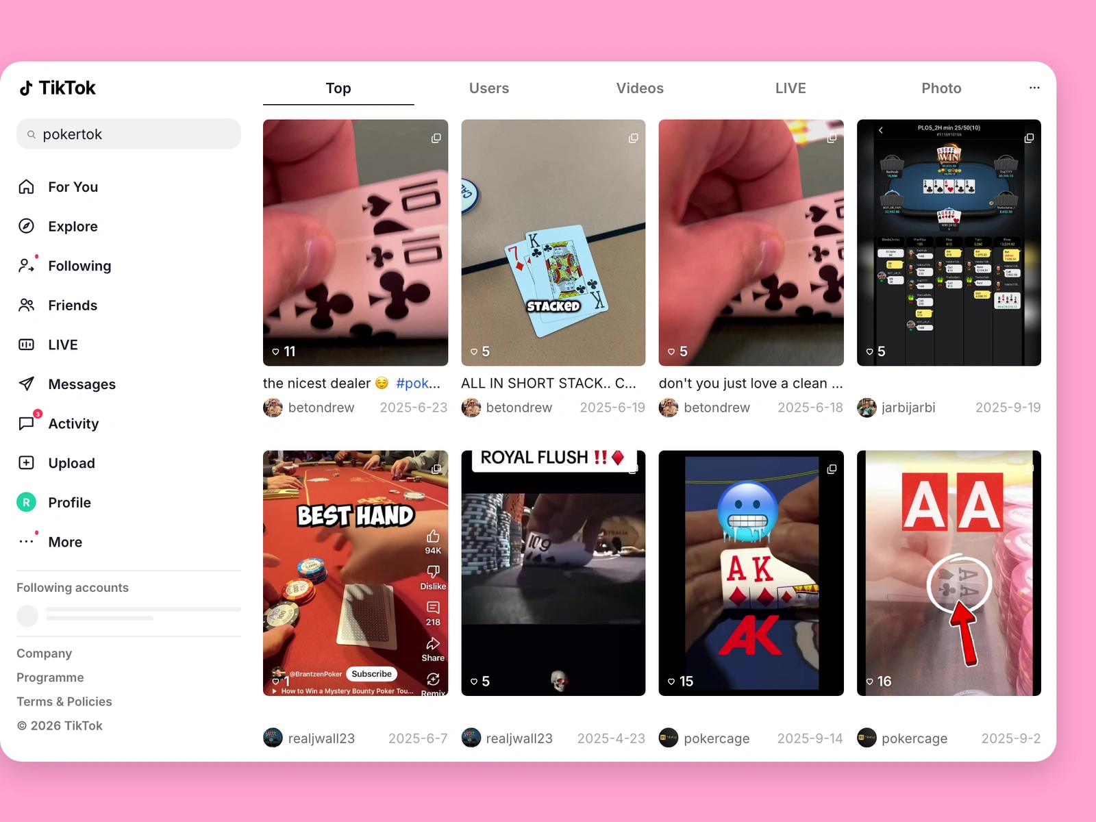 TikTok search results for poker content