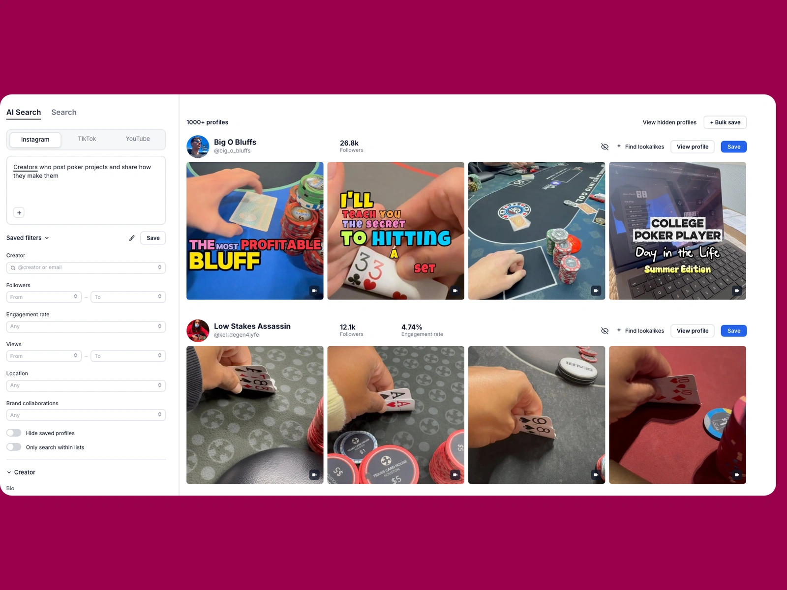 Modash AI search for poker creators