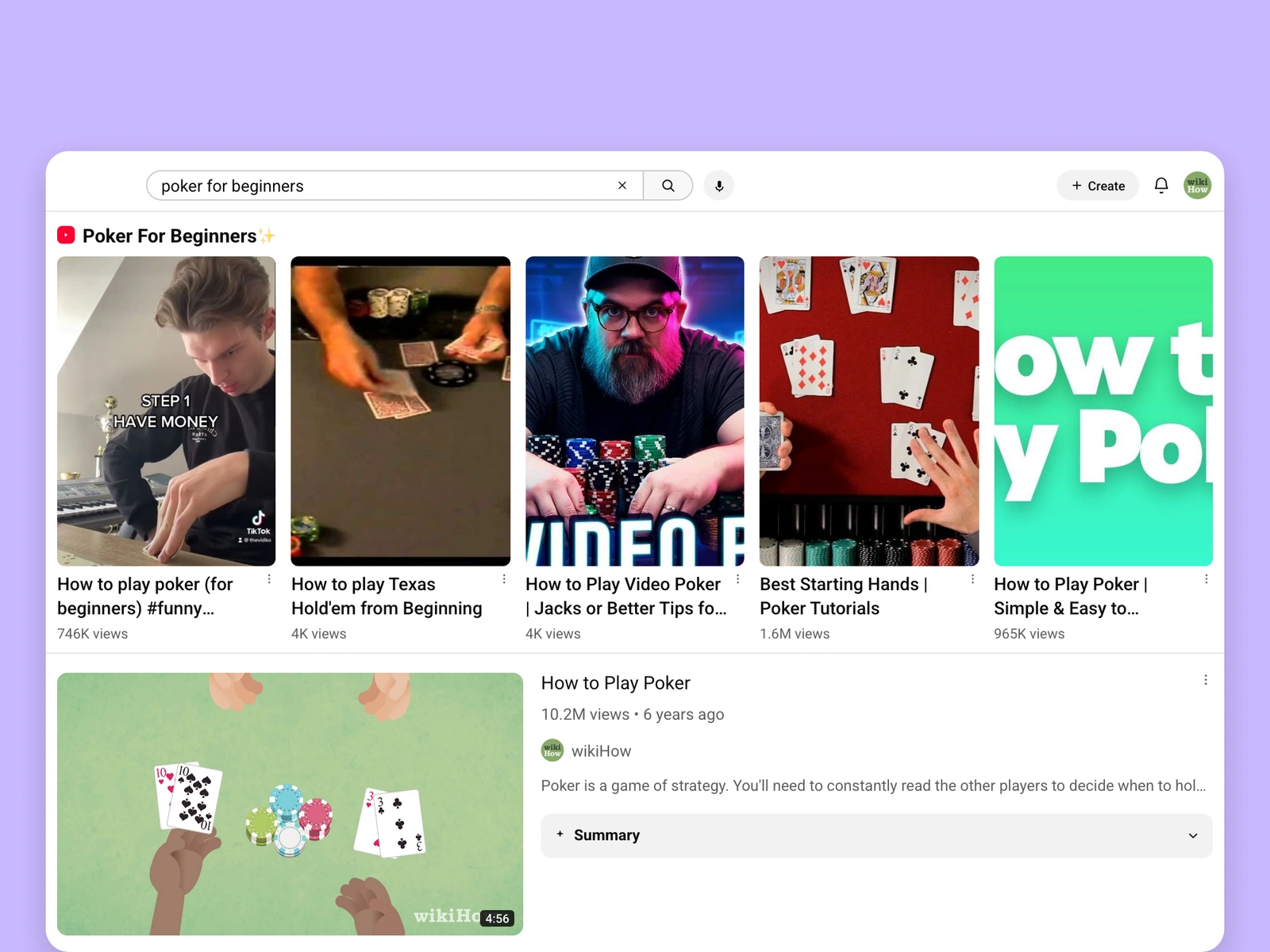 YouTube search results for poker videos