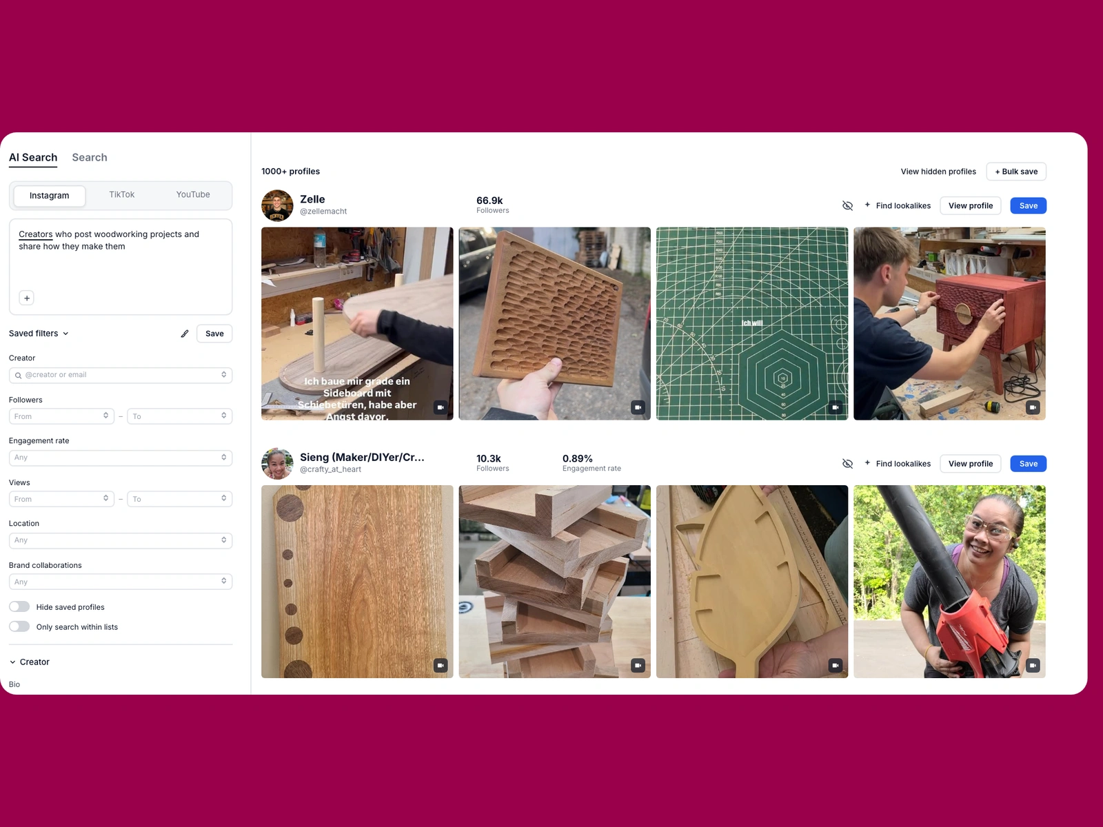 Modash AI search for woodworking creators