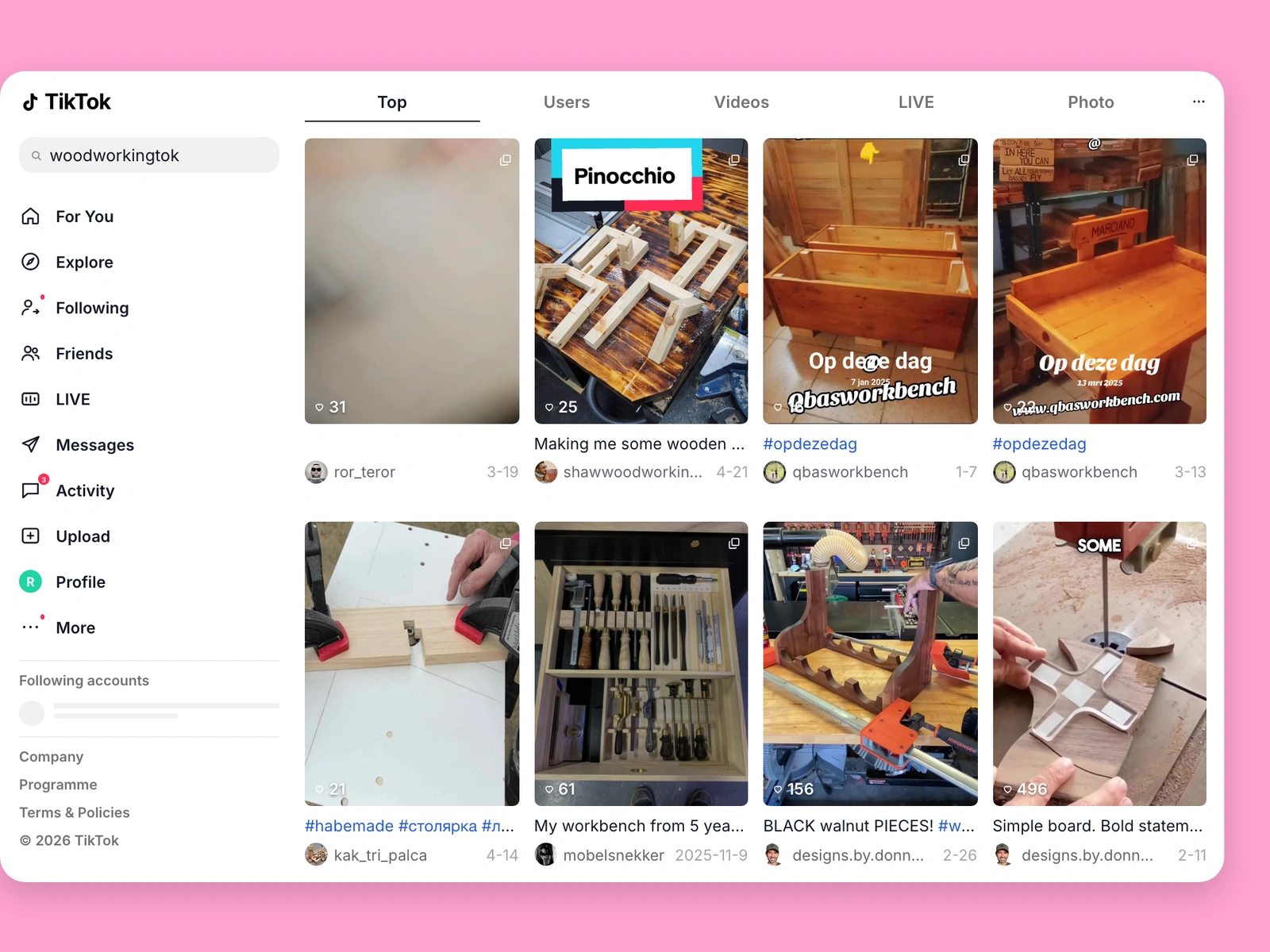 TikTok search results for woodworking content