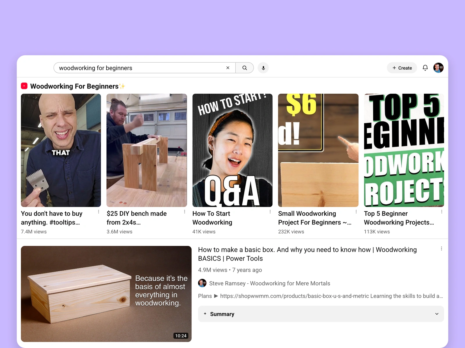 YouTube search results for woodworking videos