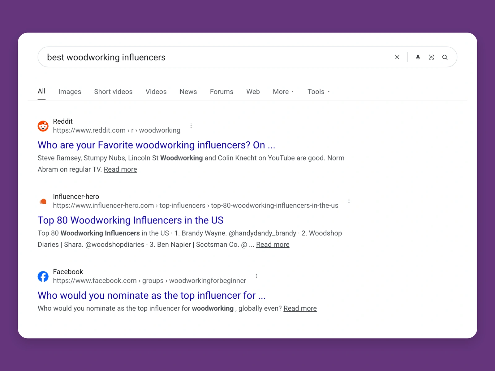 Google results for best woodworking bloggers
