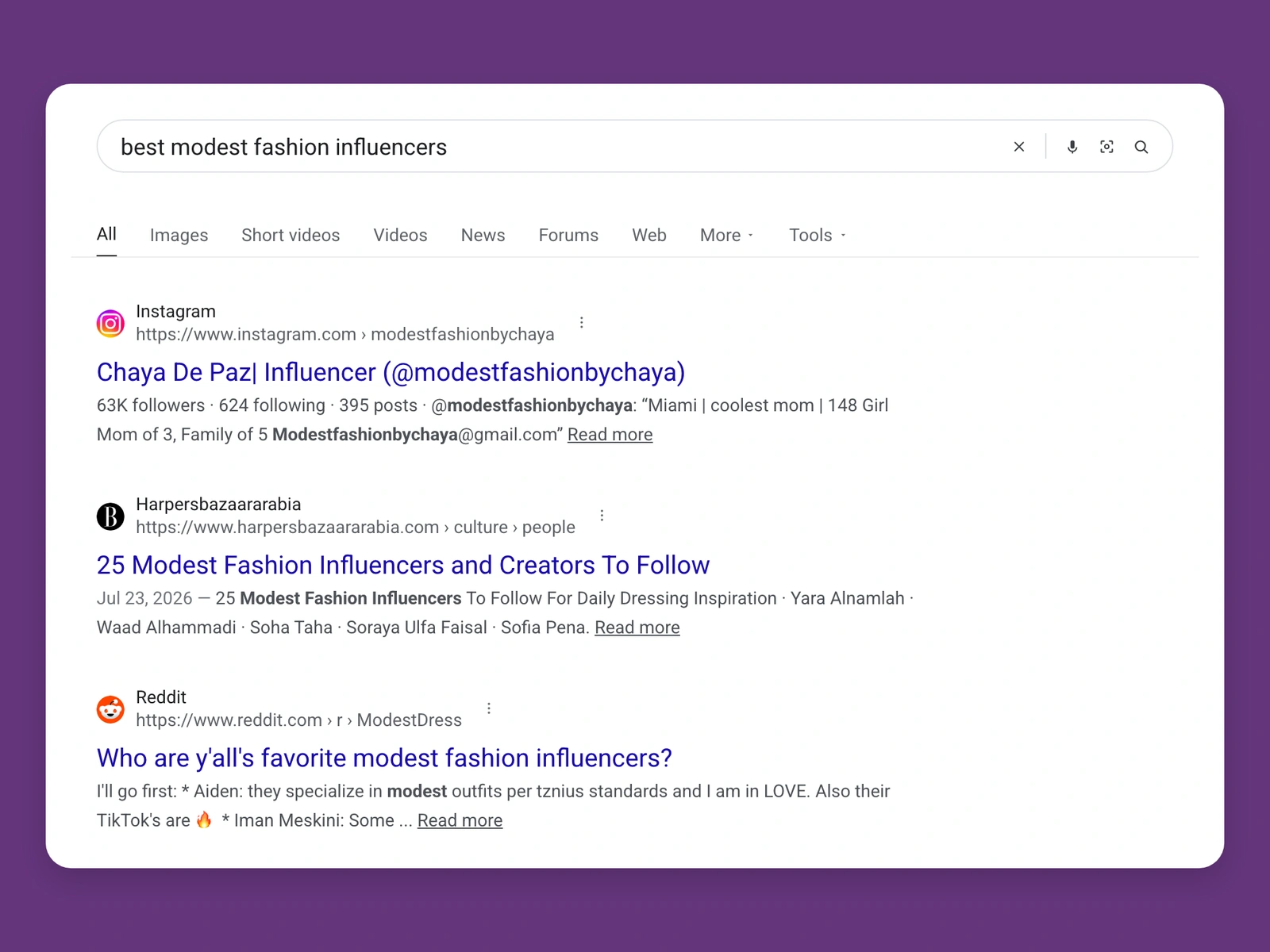 Google results for best modest fashion bloggers