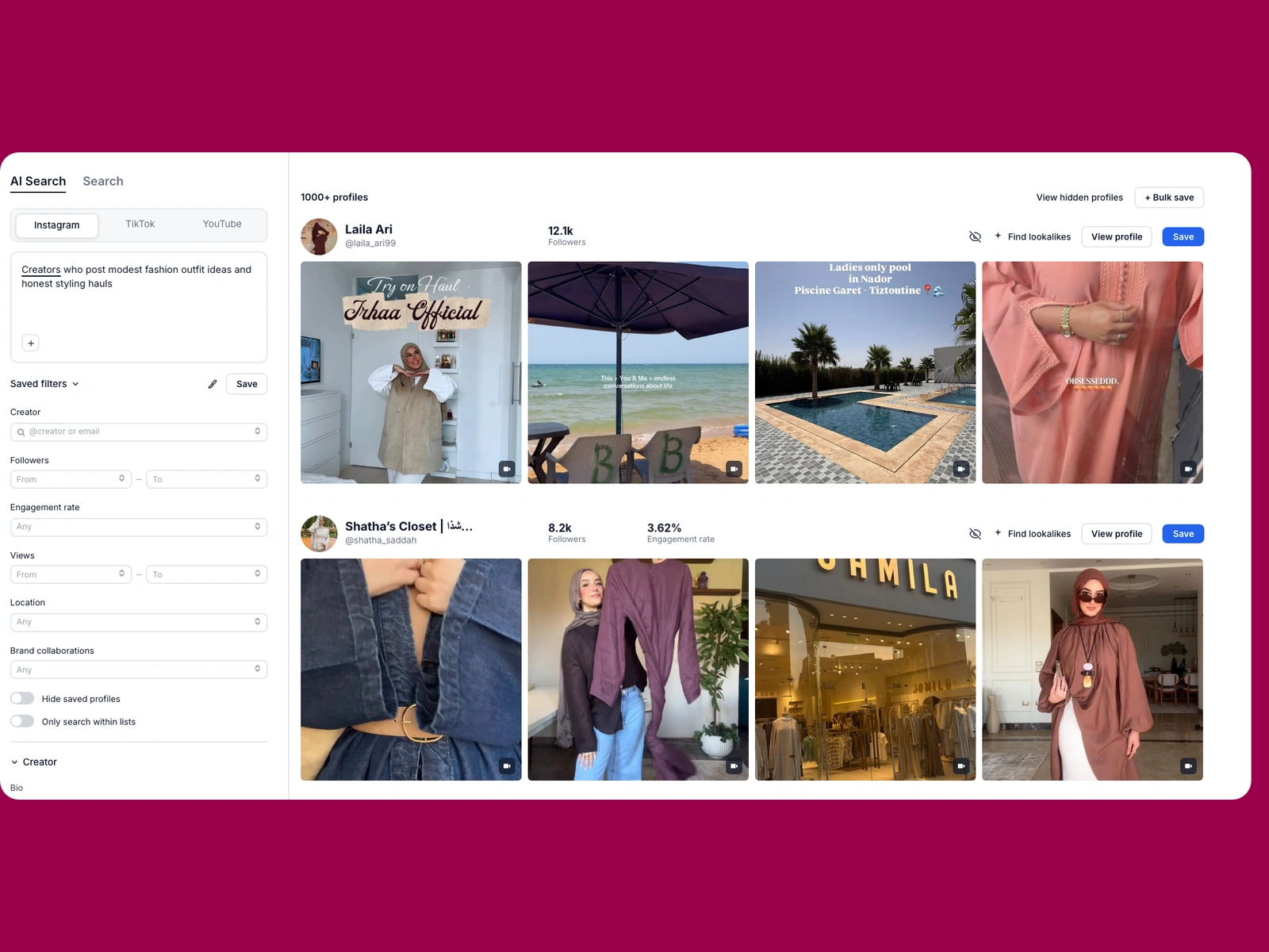 Modash AI search for modest fashion creators