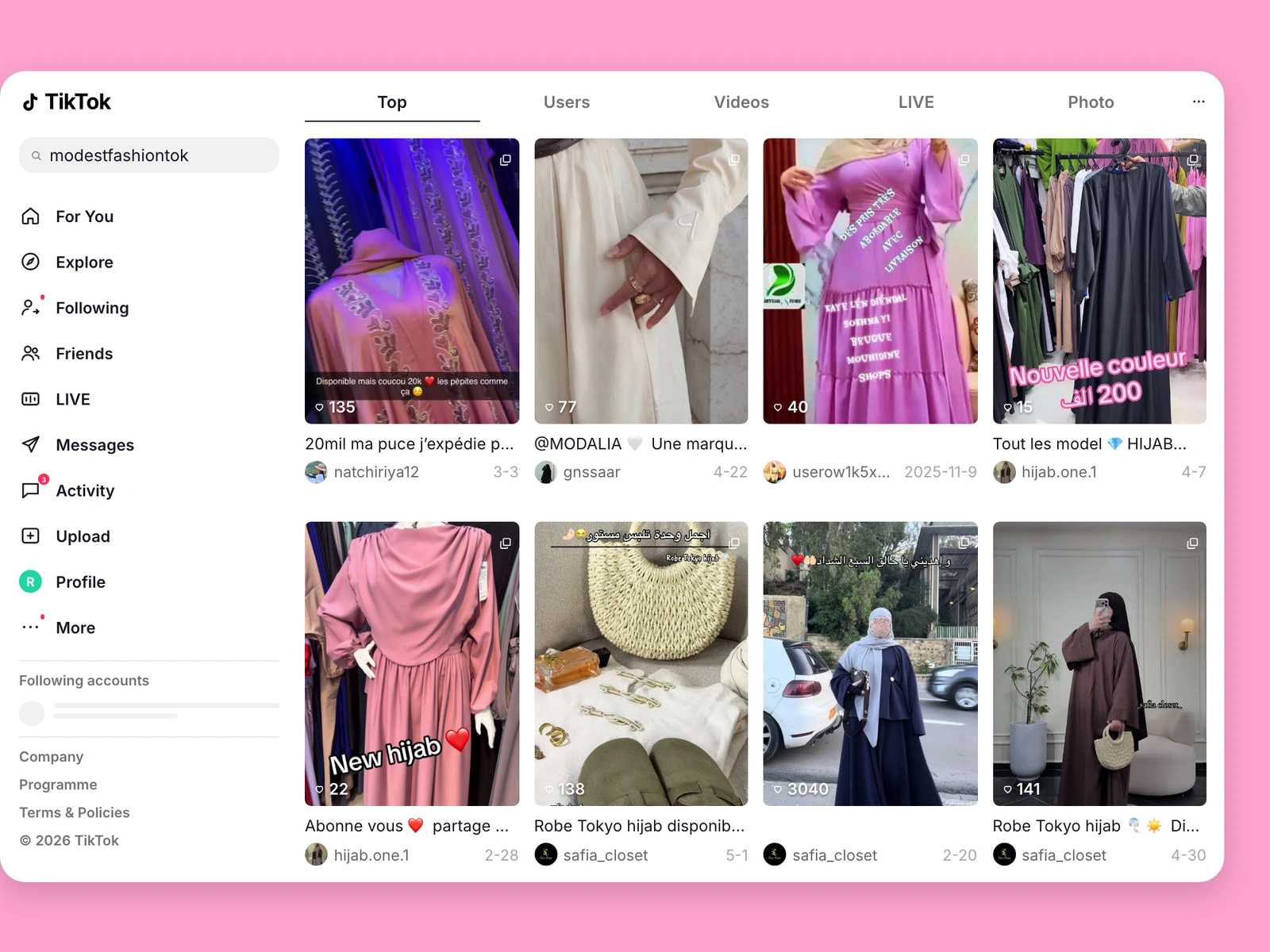TikTok search results for modest fashion content