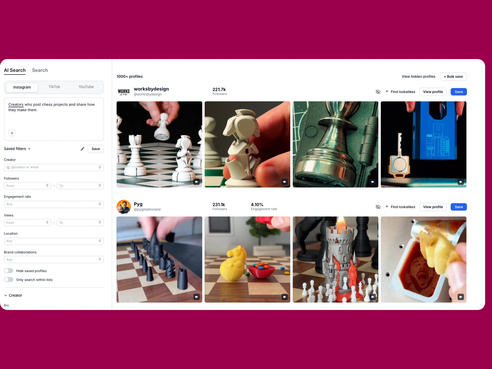 Modash AI search for chess creators