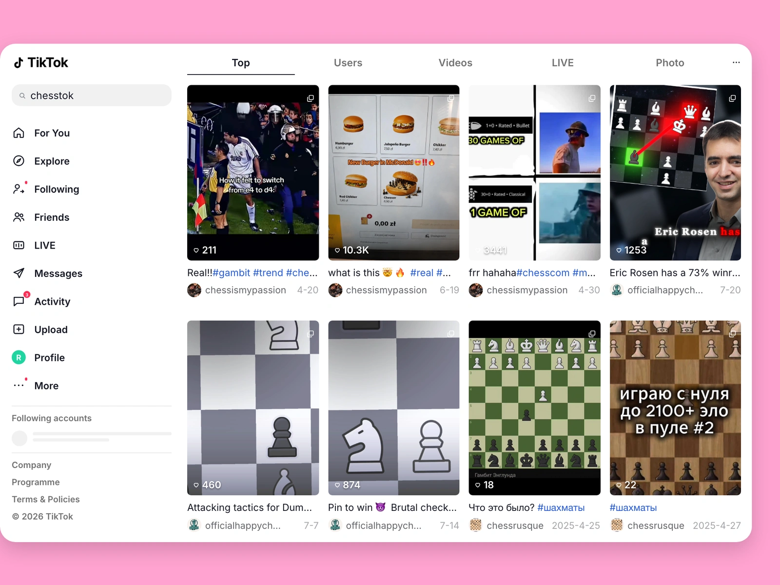 TikTok search results for chess content
