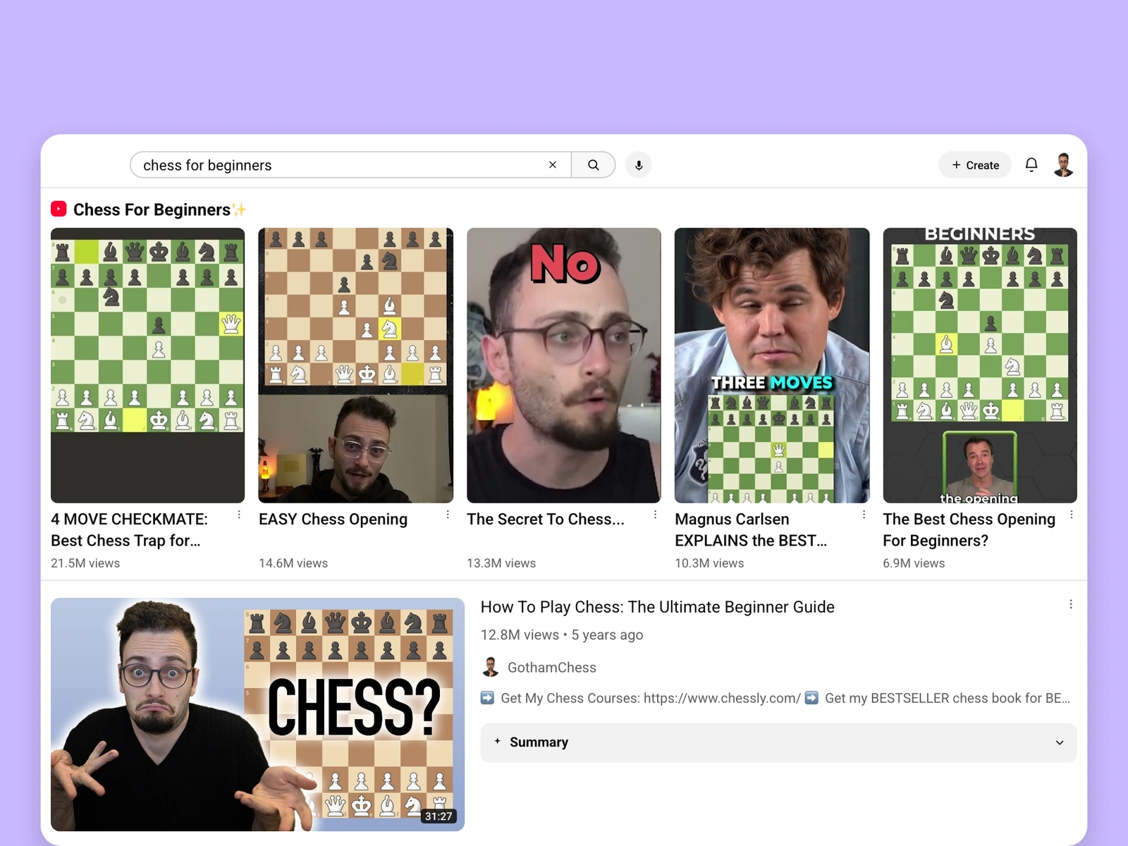YouTube search results for chess videos
