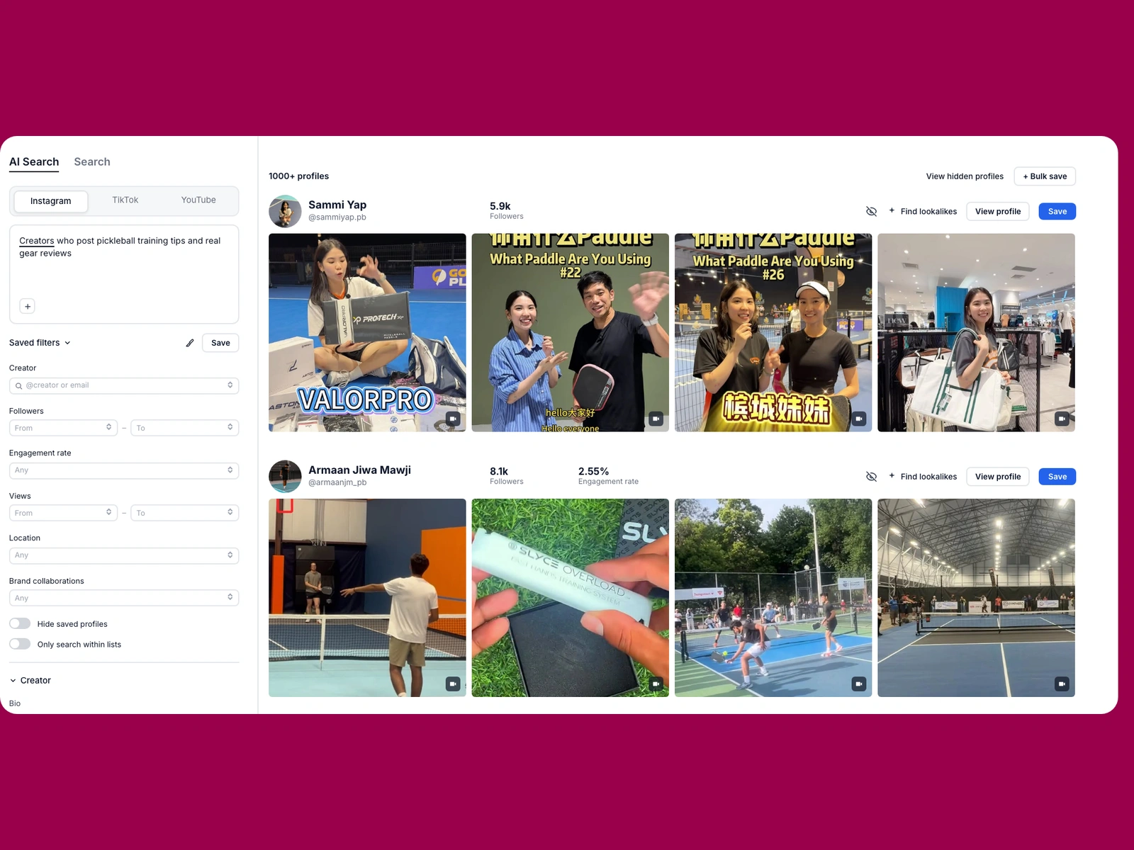 Modash AI search for pickleball creators