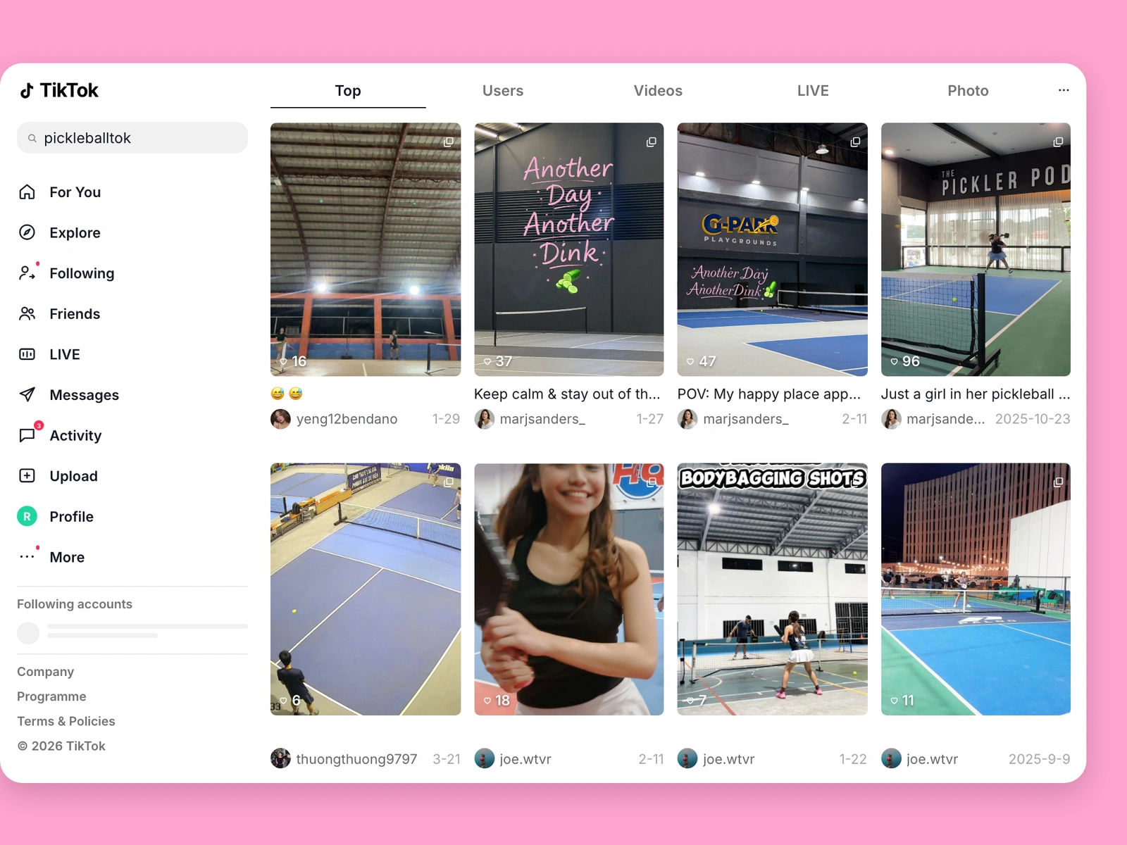 TikTok search results for pickleball content