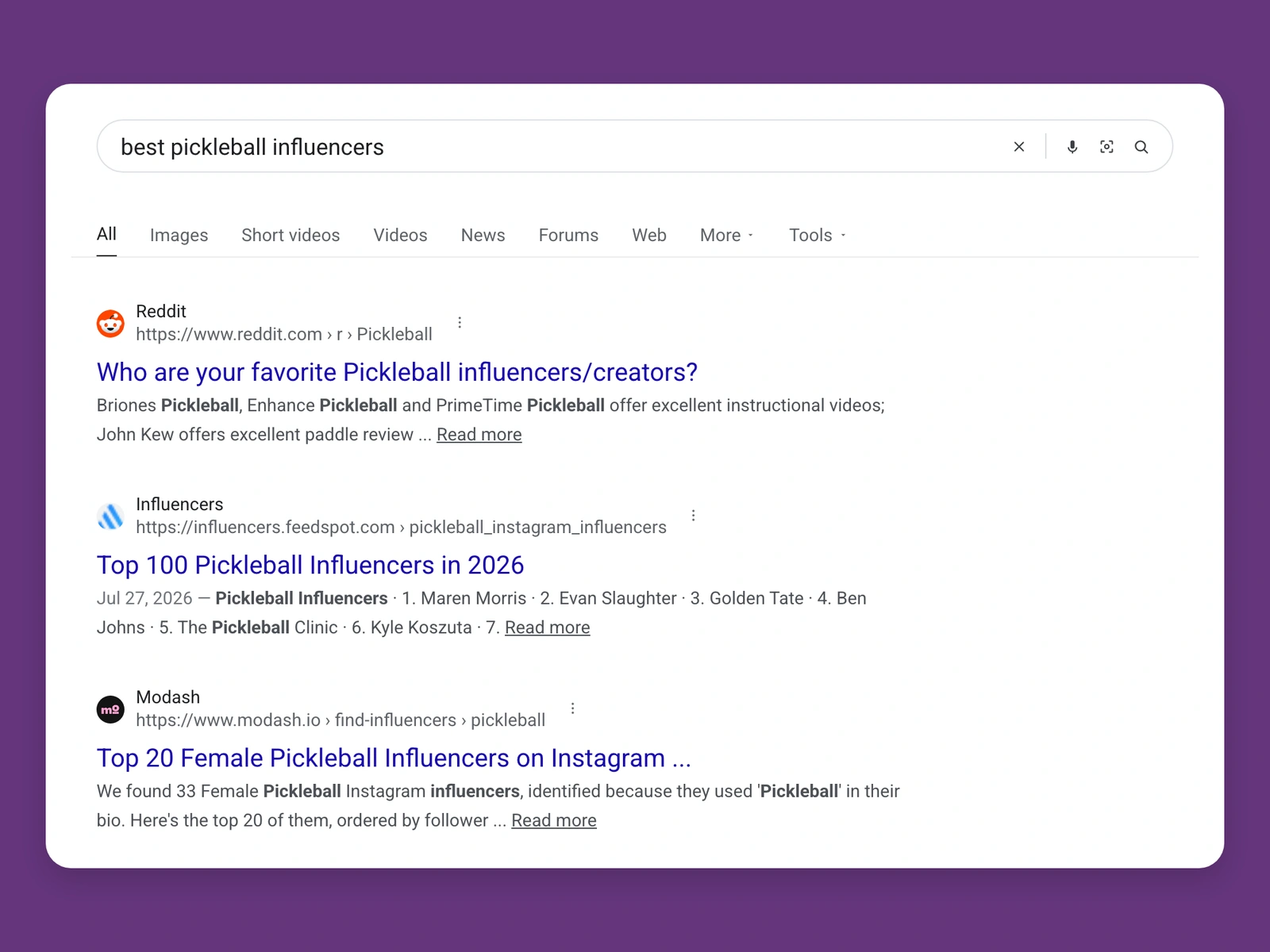 Google results for best pickleball bloggers