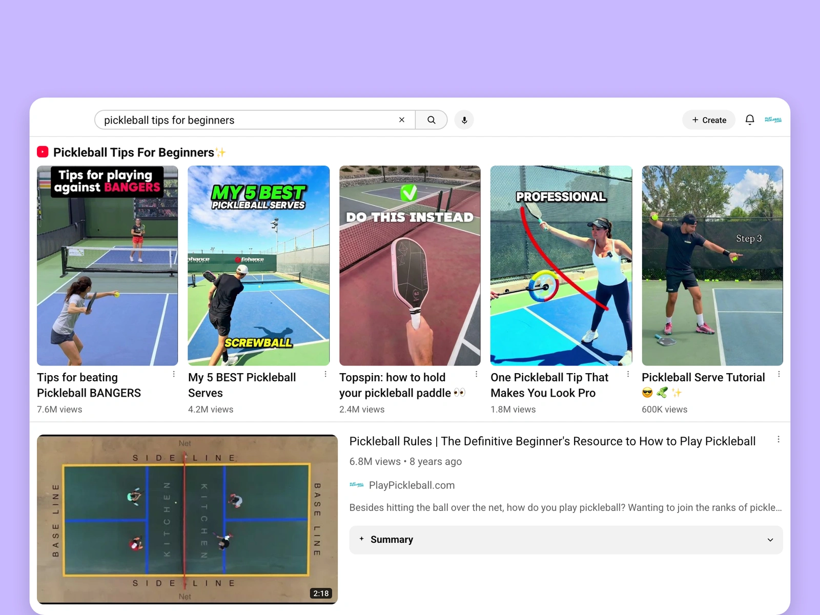 YouTube search results for pickleball videos