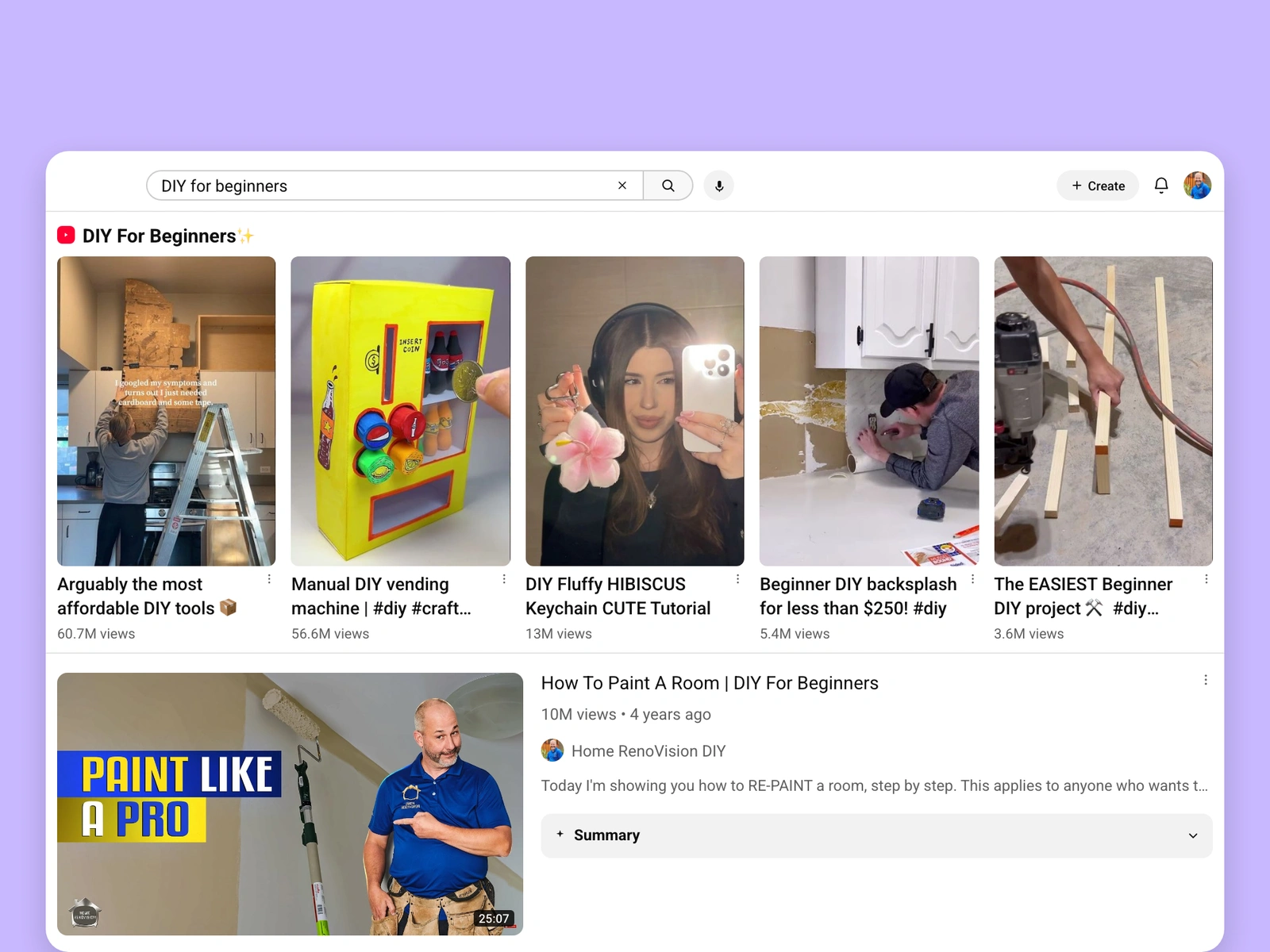 YouTube search results for diy videos