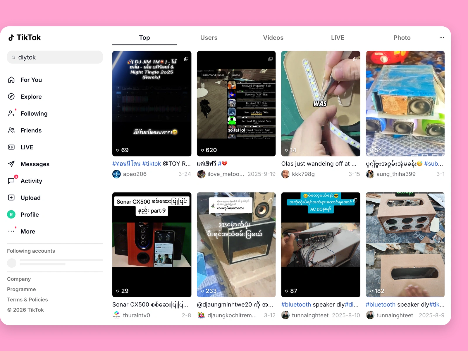 TikTok search results for diy content