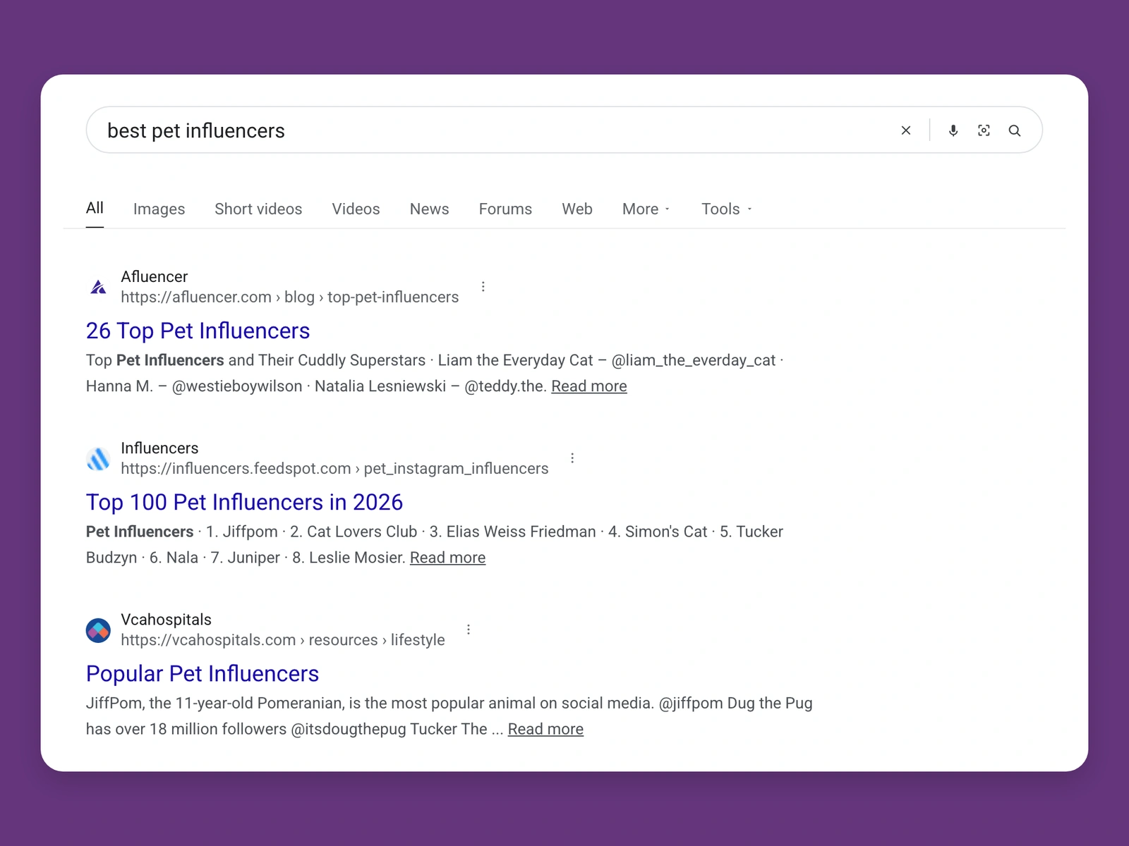 Google results for best pet bloggers