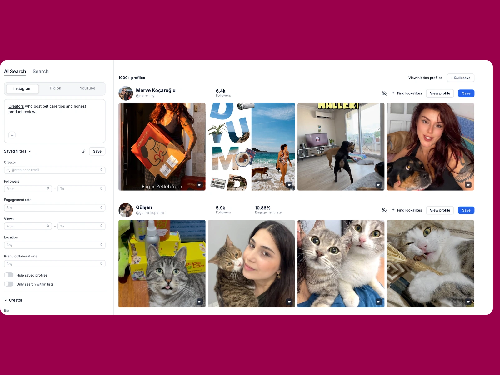Modash AI search for pet creators