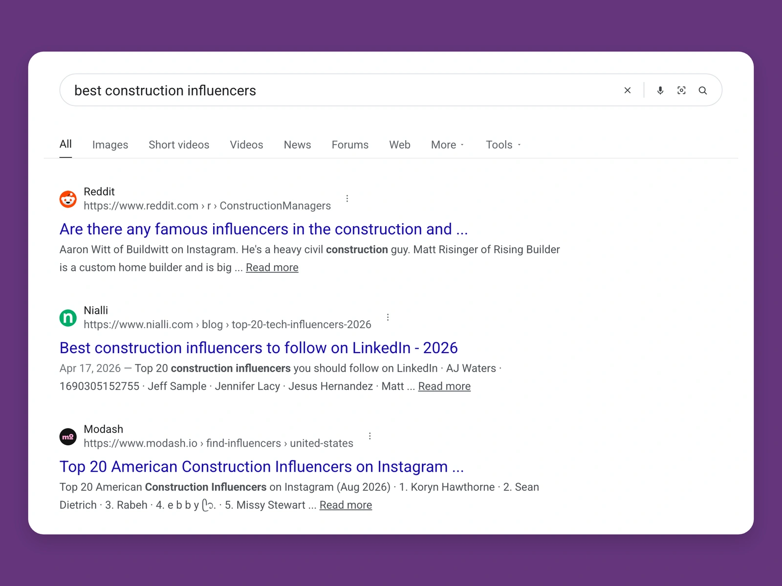 Google results for best construction bloggers