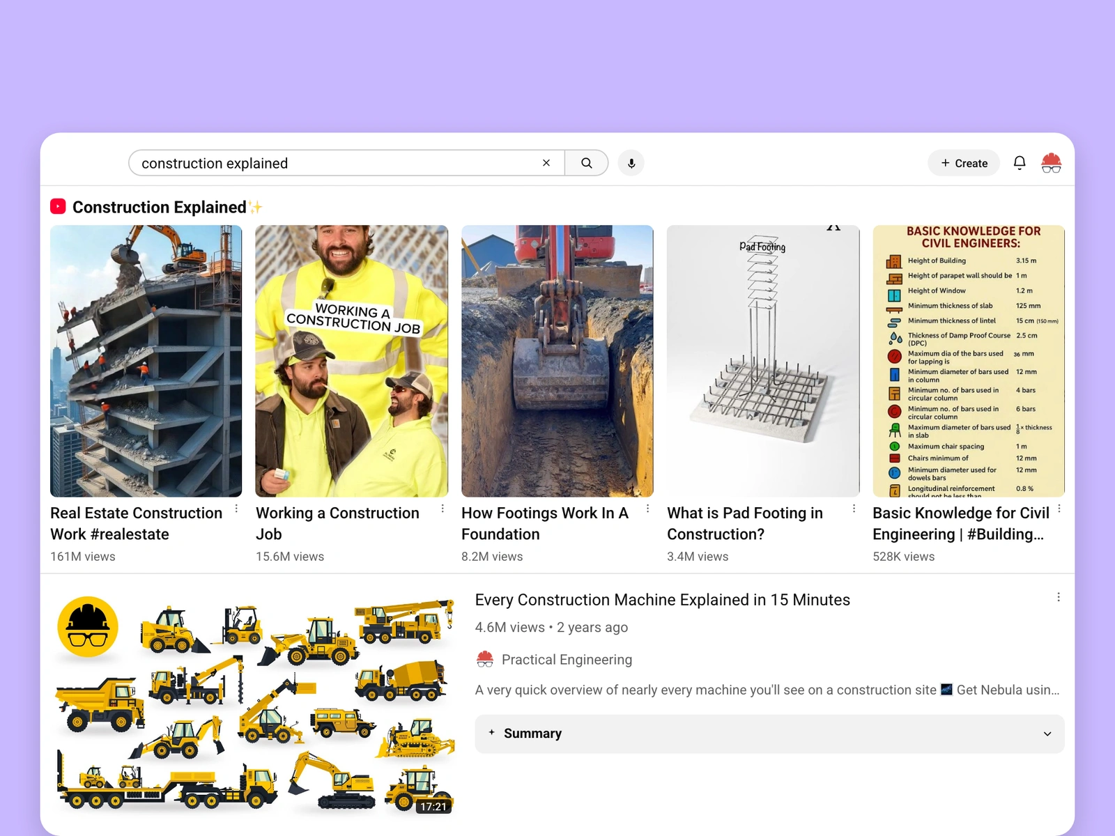 YouTube search results for construction videos