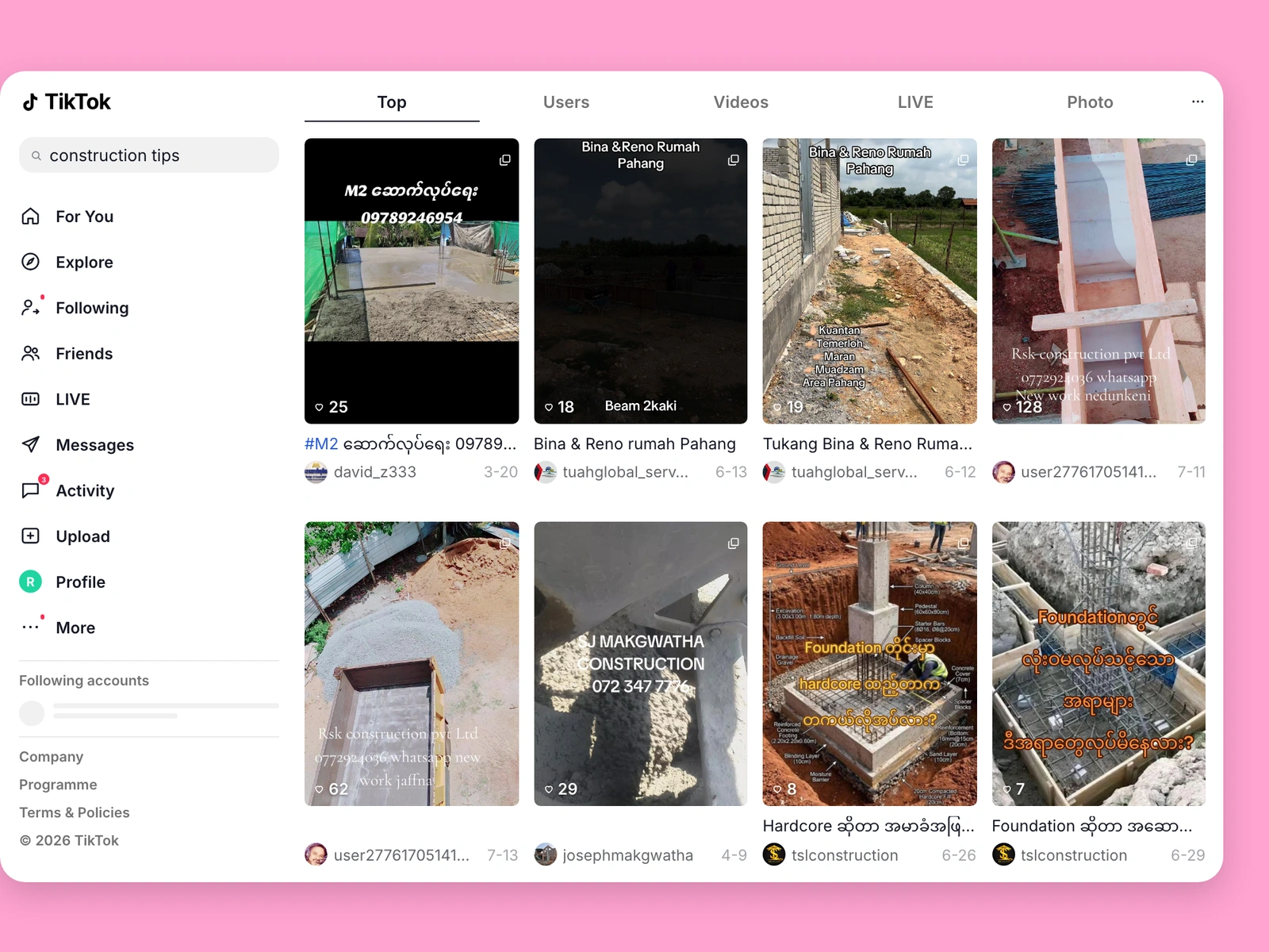 TikTok search results for construction content