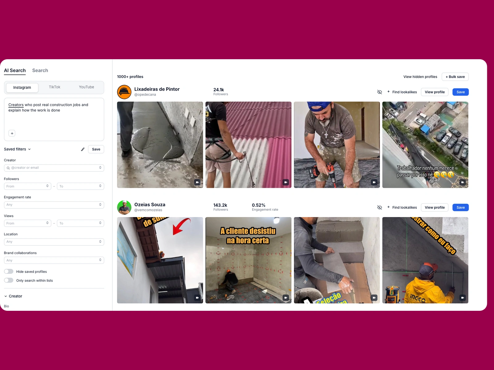 Modash AI search for construction creators