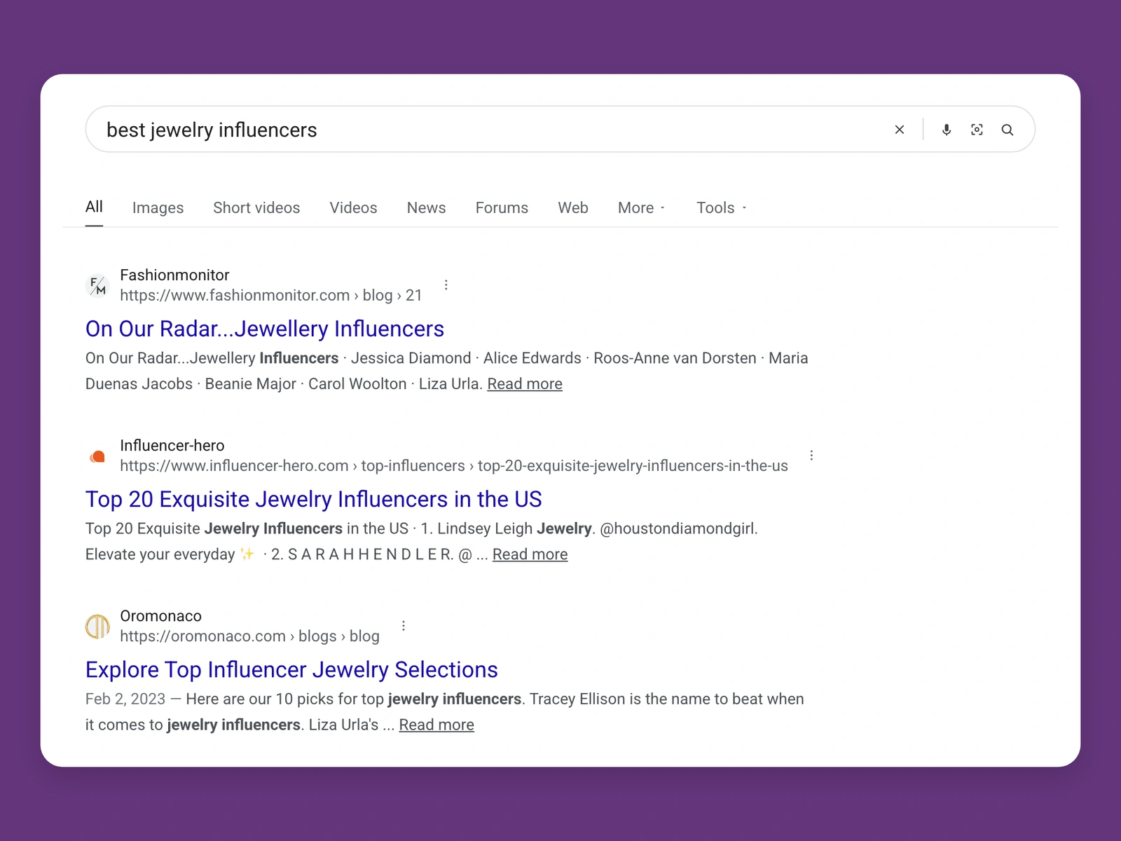 Google results for best jewelry bloggers