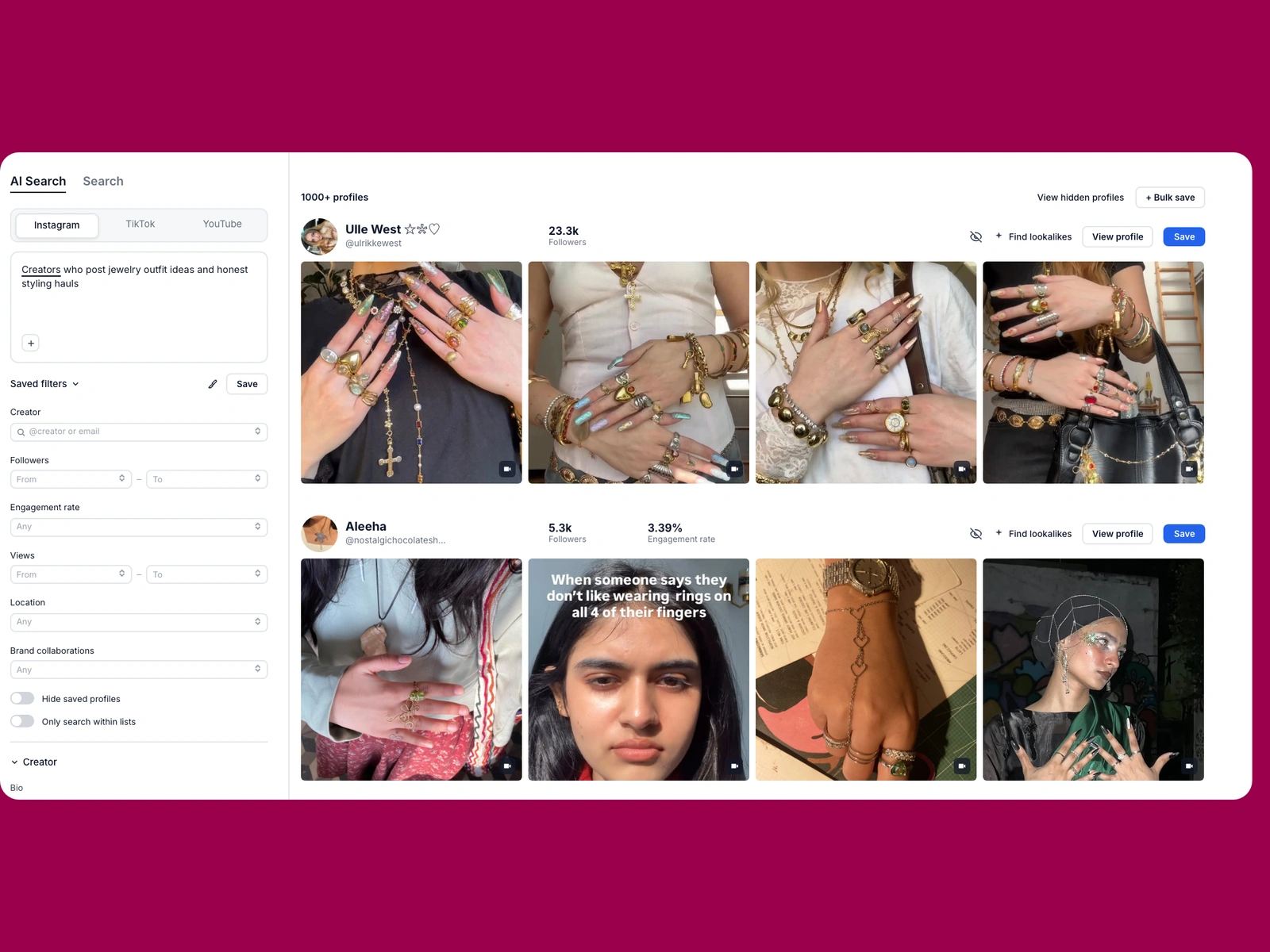 Modash AI search for jewelry creators