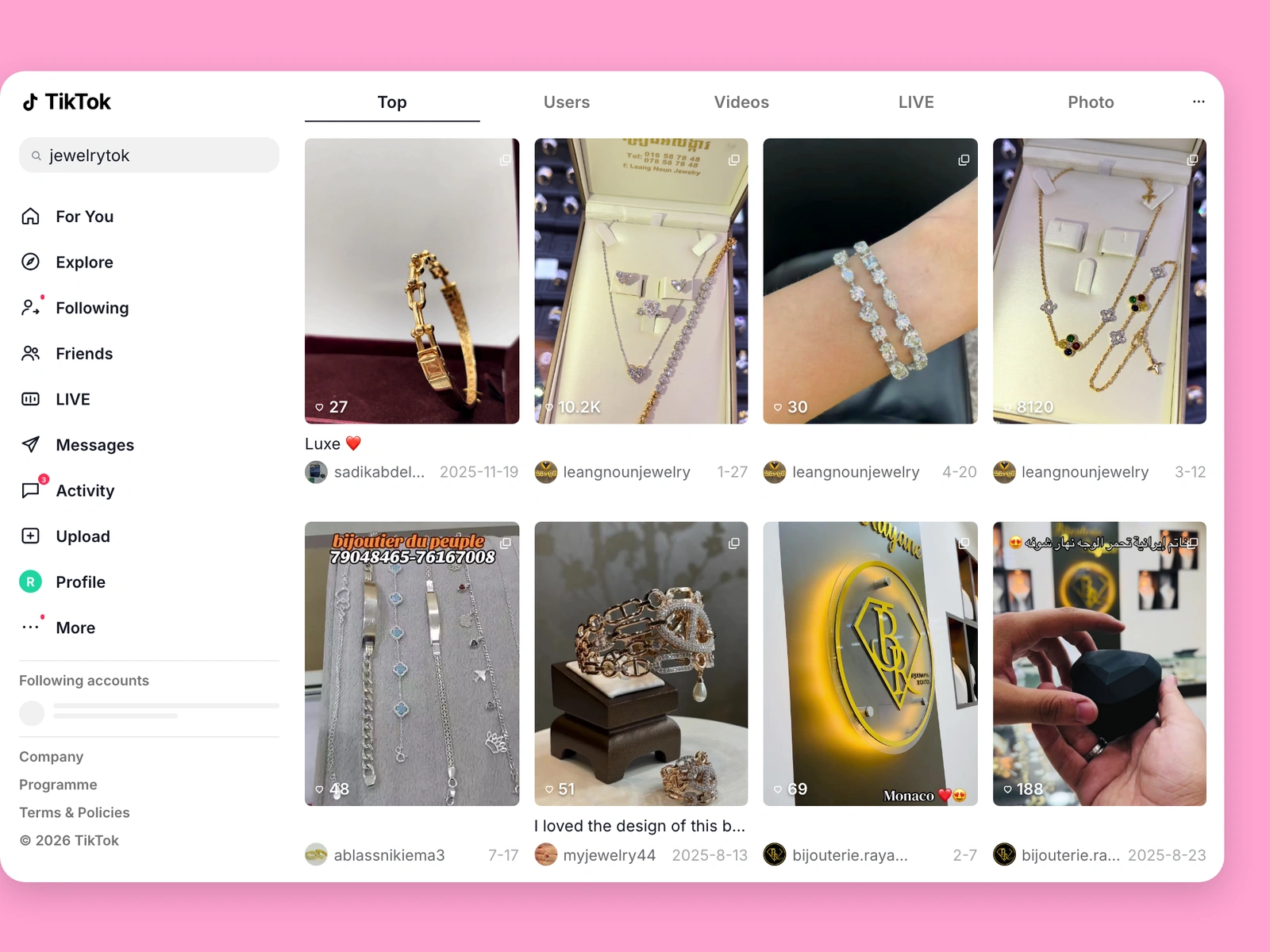 TikTok search results for jewelry content