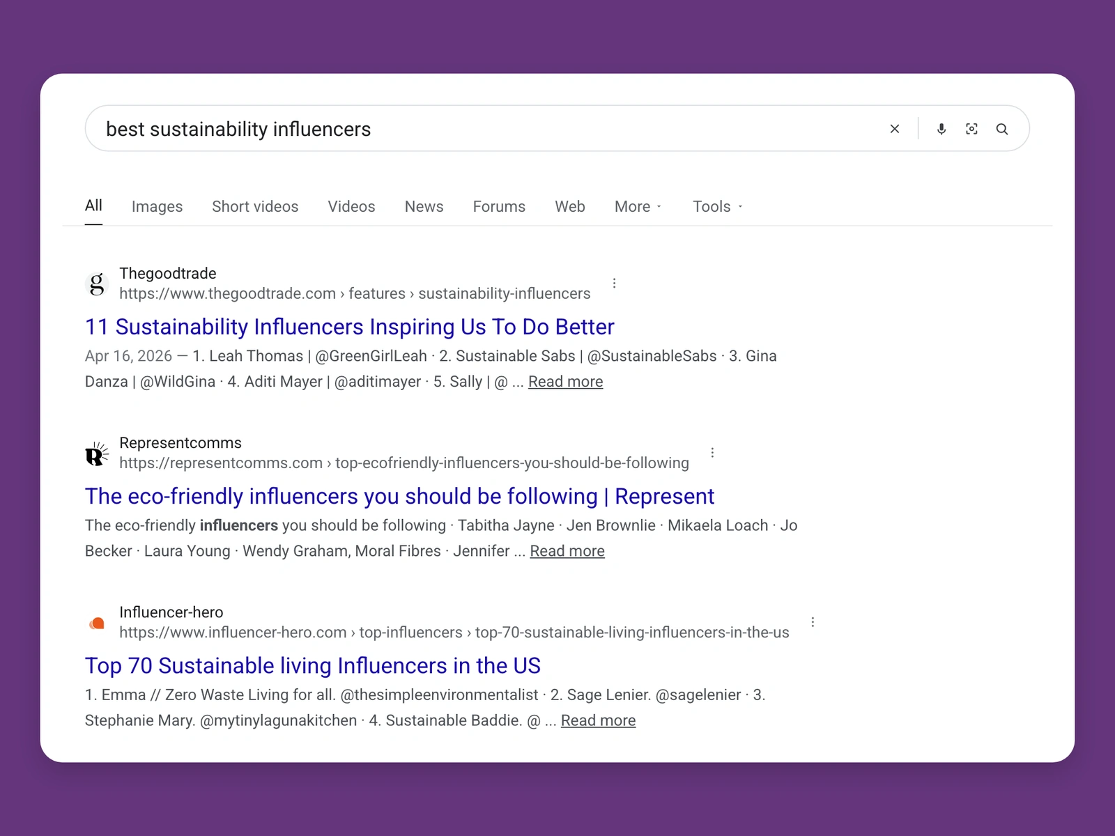 Google results for best sustainability bloggers