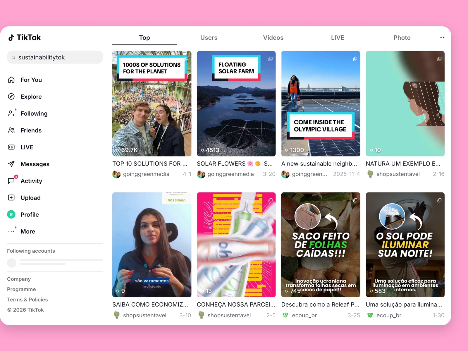 TikTok search results for sustainability content
