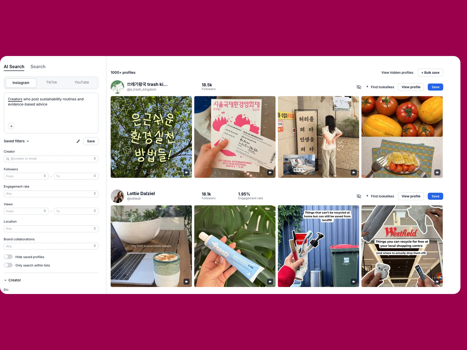 Modash AI search for sustainability creators