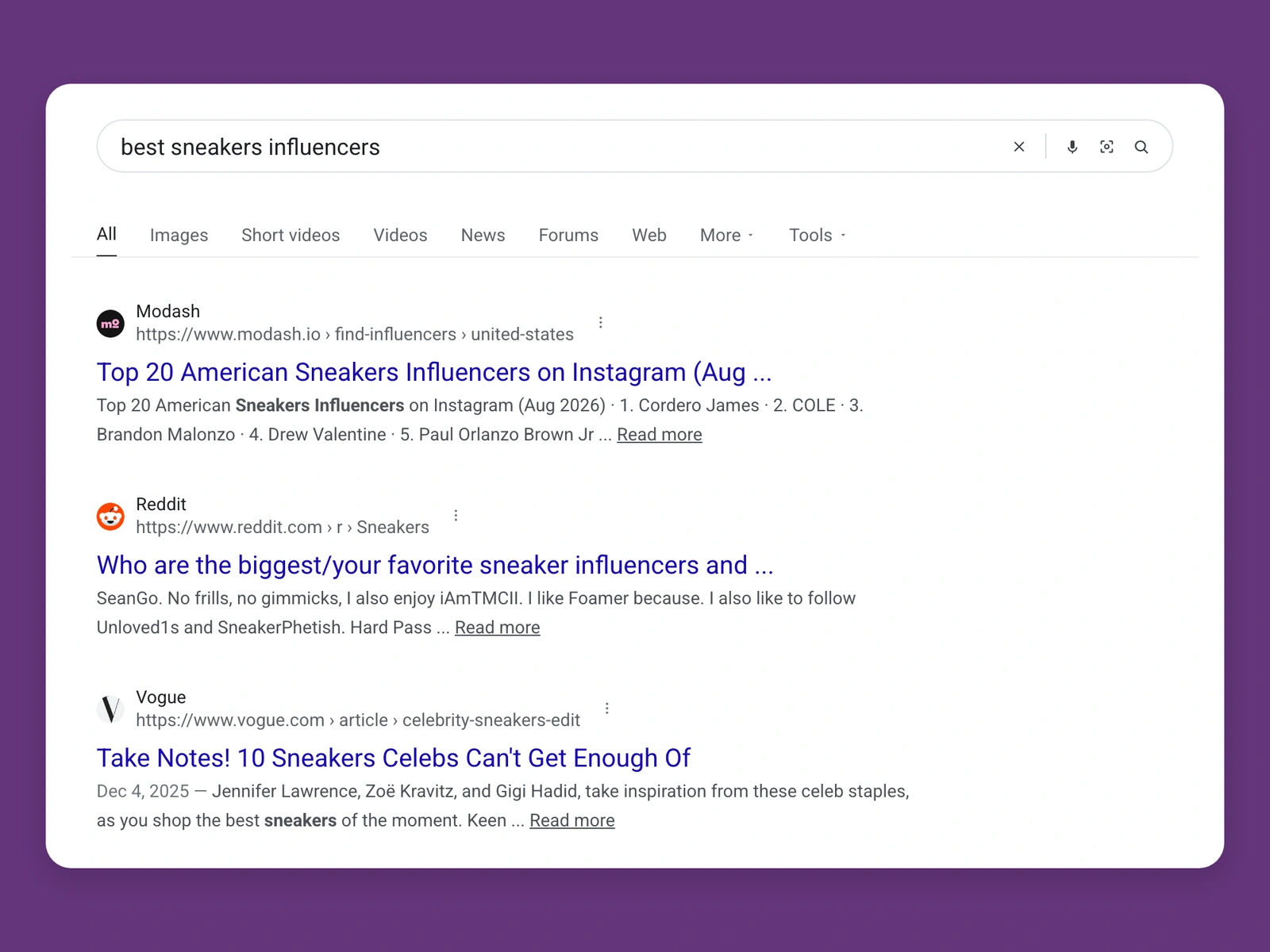 Google results for best sneakers bloggers